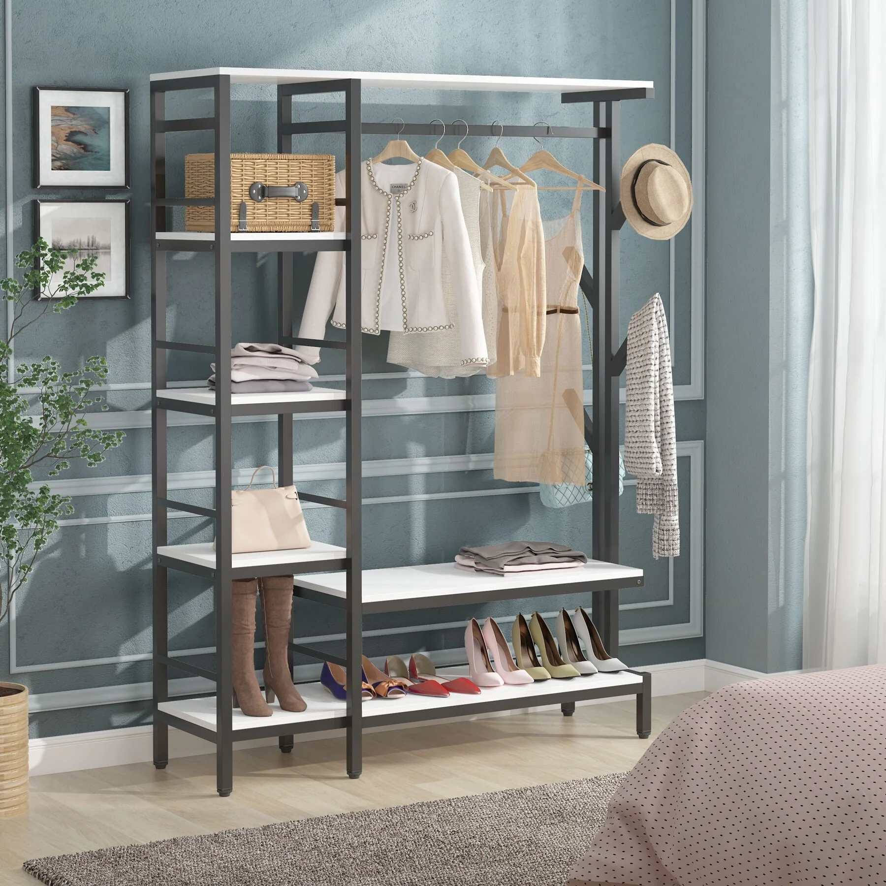 Free-standing Closet Organizer with Hooks, Garment Rack, Coat Rack with Shoe Bench