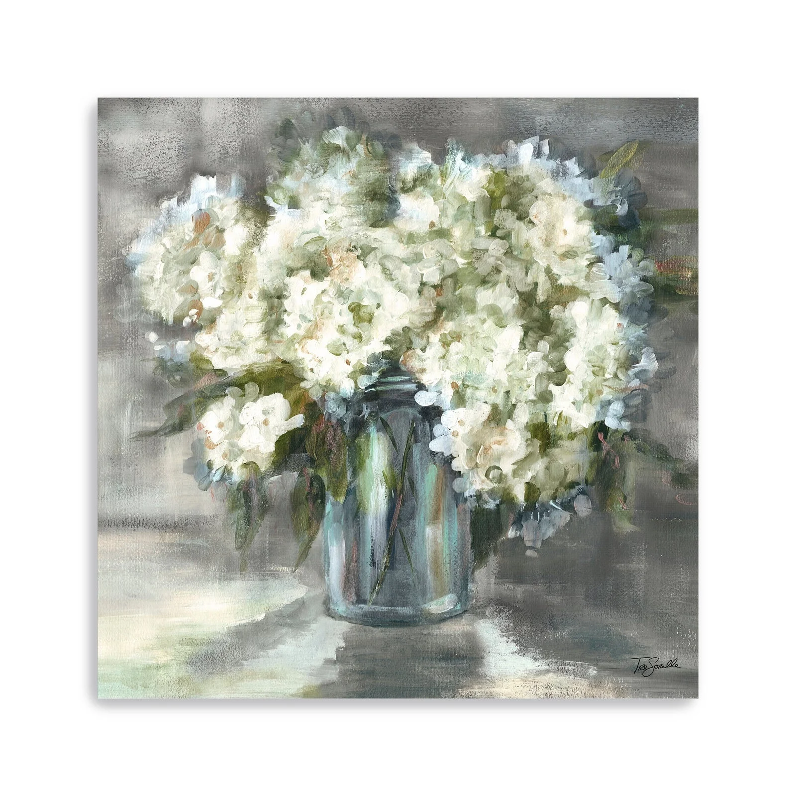 White And Taupe Hydrangeas Still Life Canvas Giclee Wall Art