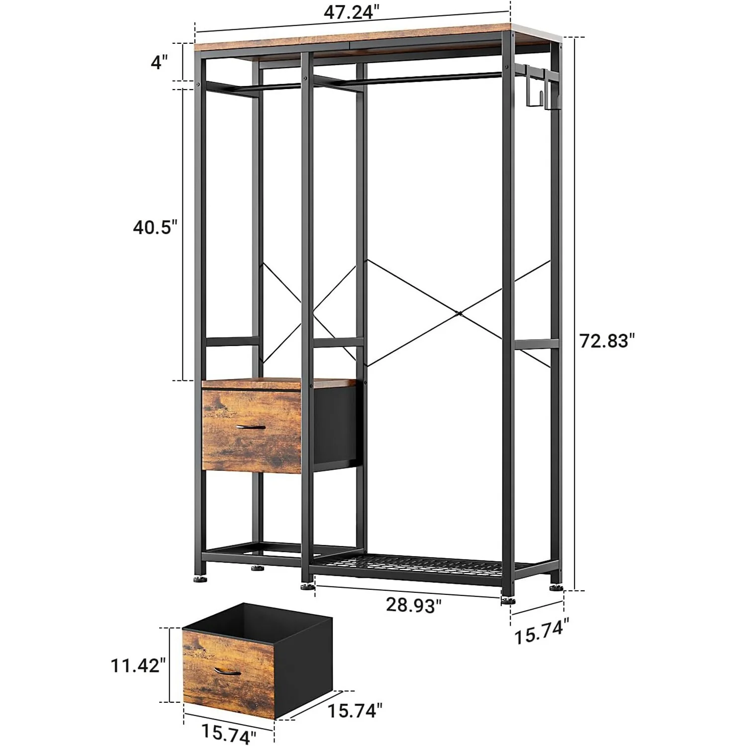 Clothes Rack, Closet Organizer with Storage Shelves, Hanging Bar, Drawers - 47.24