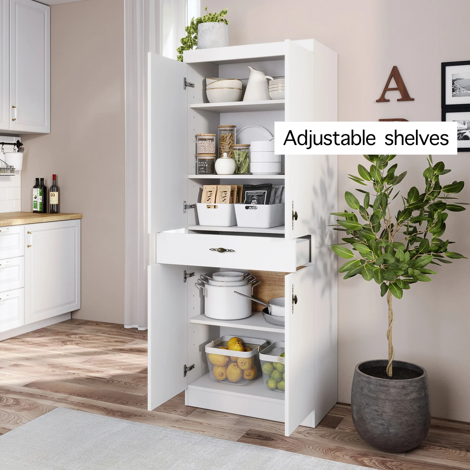 Living Skog Monti Food Pantry Storage Kitchen Cabinet with Adjustable Shelves and Drawer