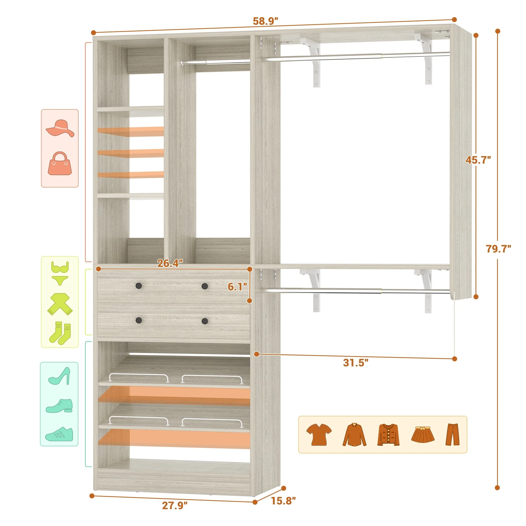 5FT Small Closet System with Drawers, 60