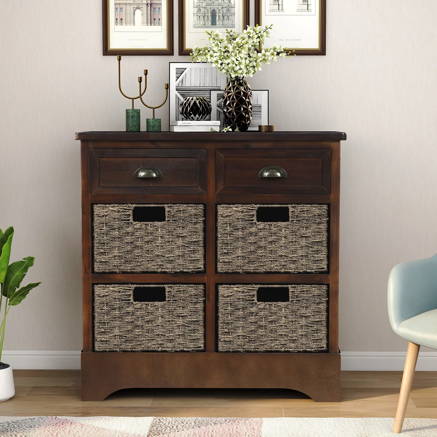 Abby Storage Cabinet with 2 Drawers and 4 Rattan Basket