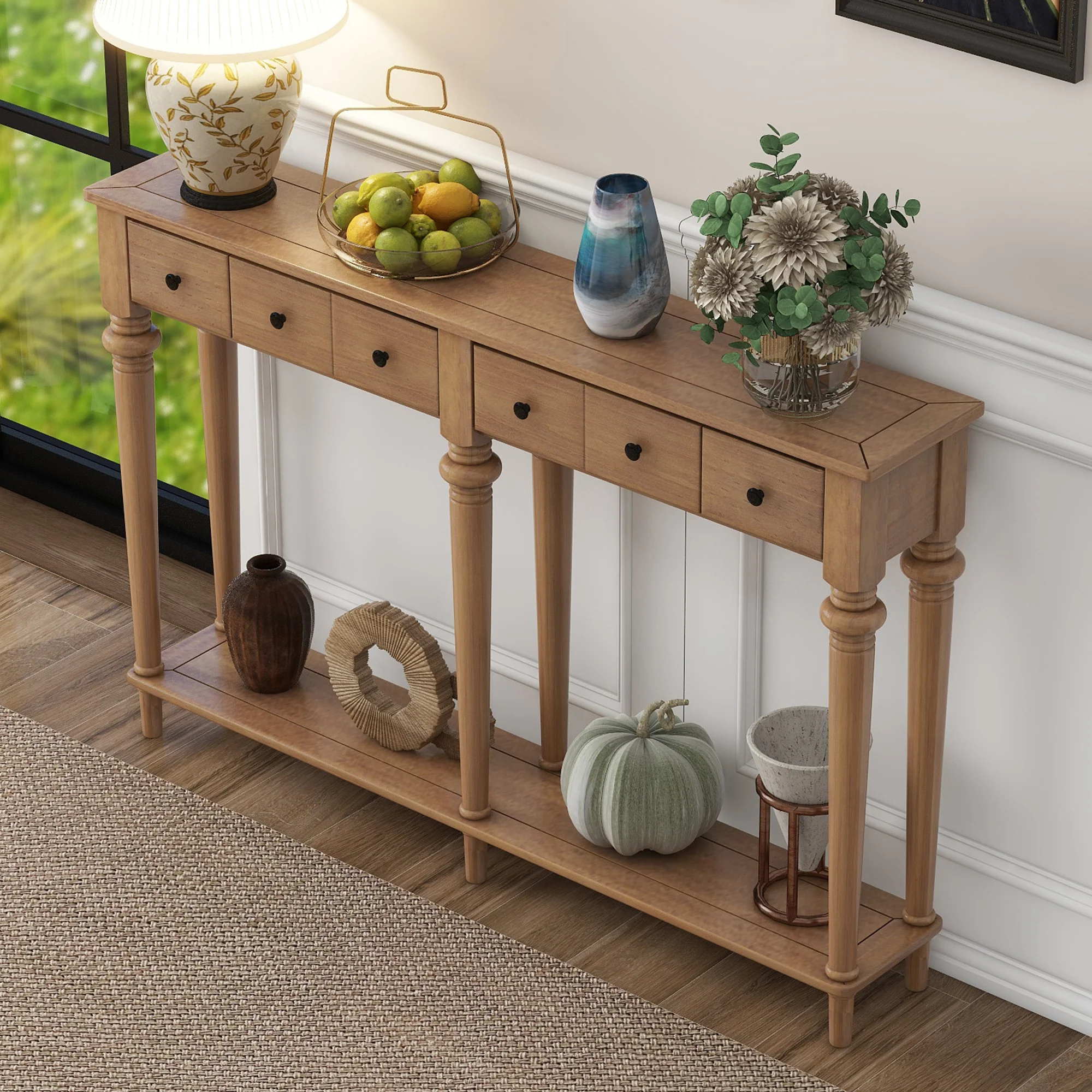 Console Table with 4 Drawers and Open Shelf