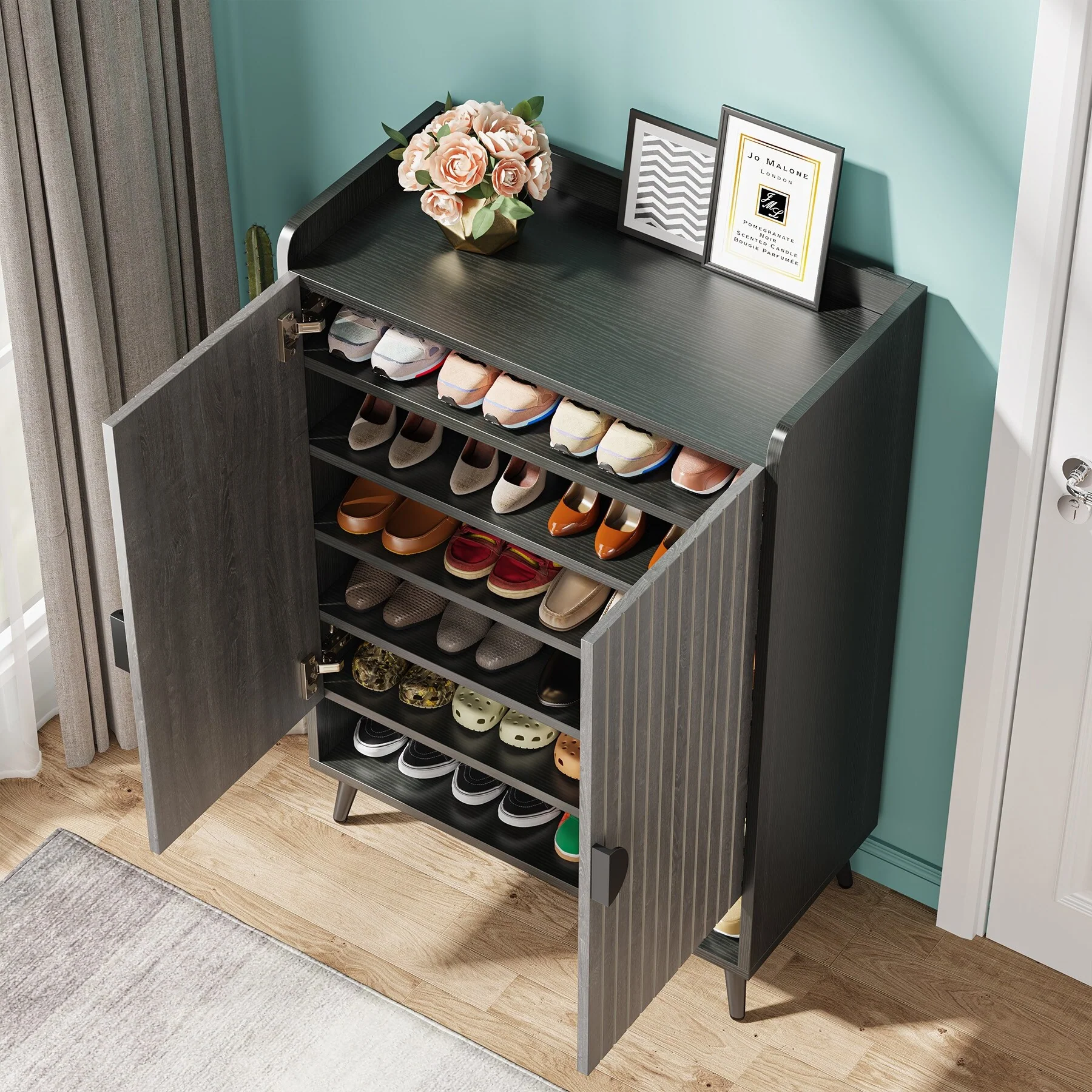 Shoe Cabinet with Doors, Entryway Shoe Storage Cabinet with Adjustable Shelves - 29.6