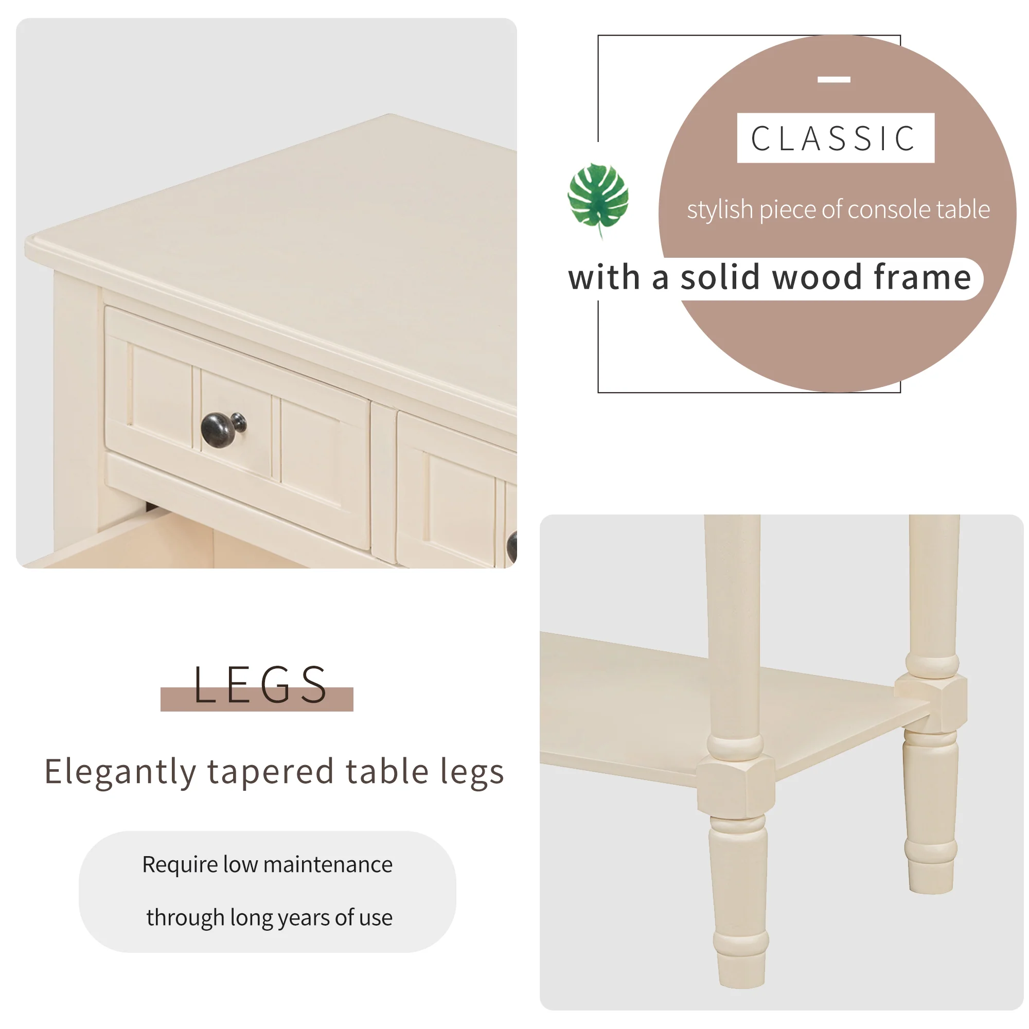 Conquest Narrow Console Table with 3 Drawers and Bottom Shelf