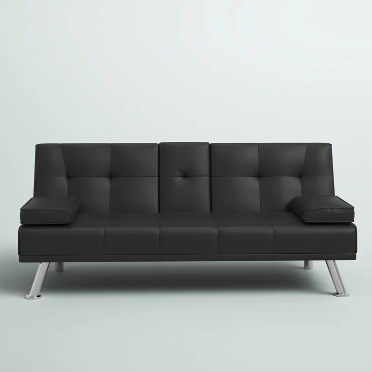 Janni 66'' Wide Faux Leather Cushion Back Convertible Sofa with Cup Holder