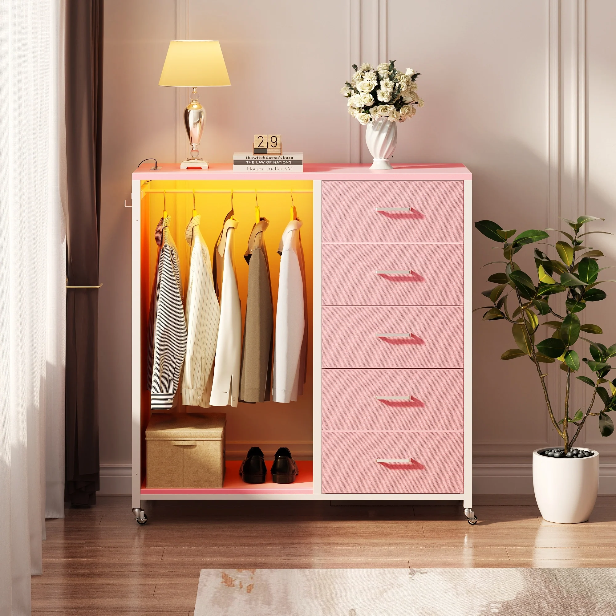 Kid's Closet Organizer with Fabric Drawers and Mirror, Rolling Dresser and Chest with Charge Station