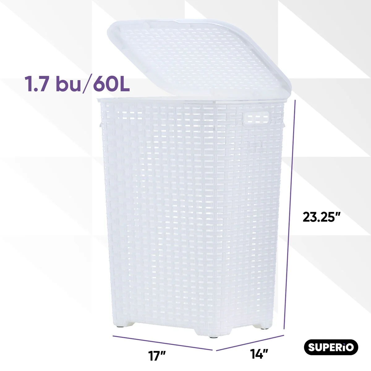 Superio Plastic Wicker Laundry Hamper with Lid Large Capacity - Capacity: 60l