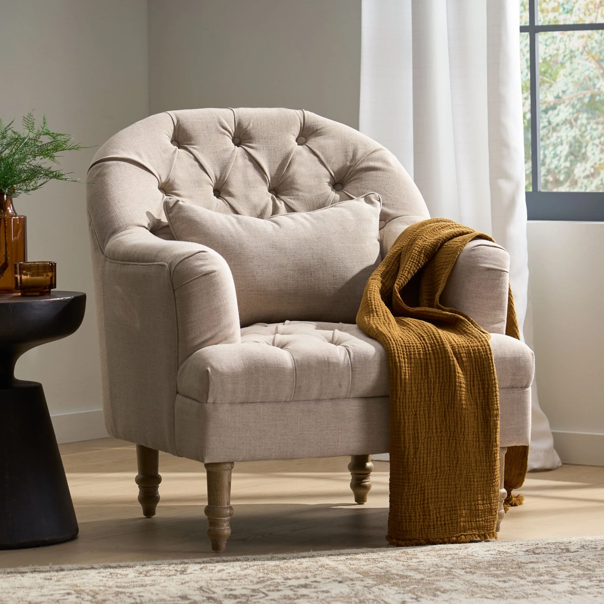 Button Tufted Accent Chair with Decorative Pillow