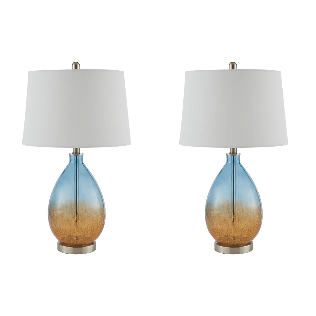 Glass Table Lamp with Drum-Shaped Shade, Set of 2