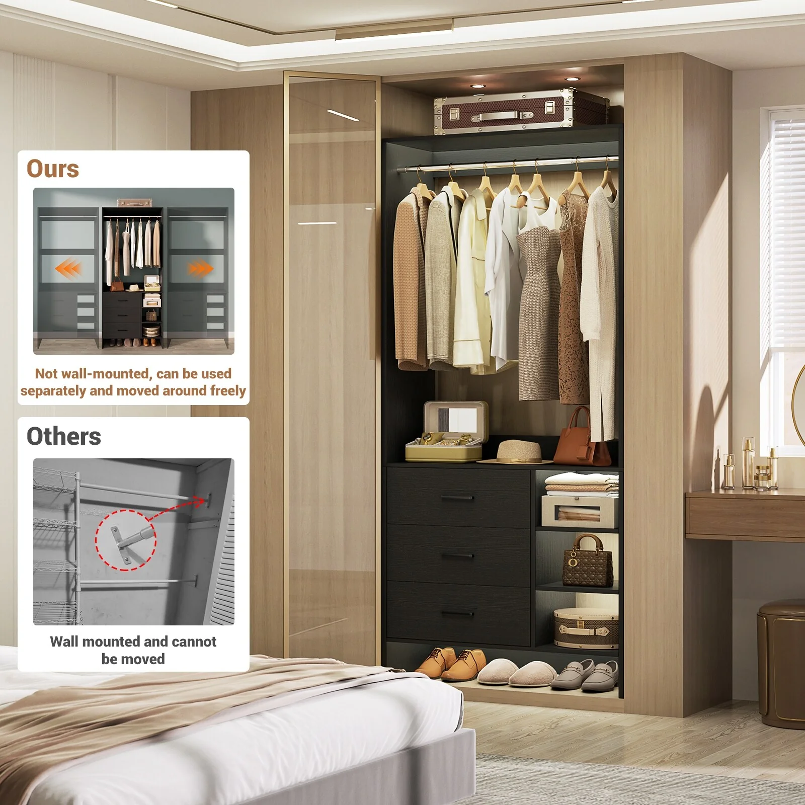 Cimly 30'' W Freestanding Closet Sytem with Hanging Rod, Closet Organizer with Drawers and Shelves