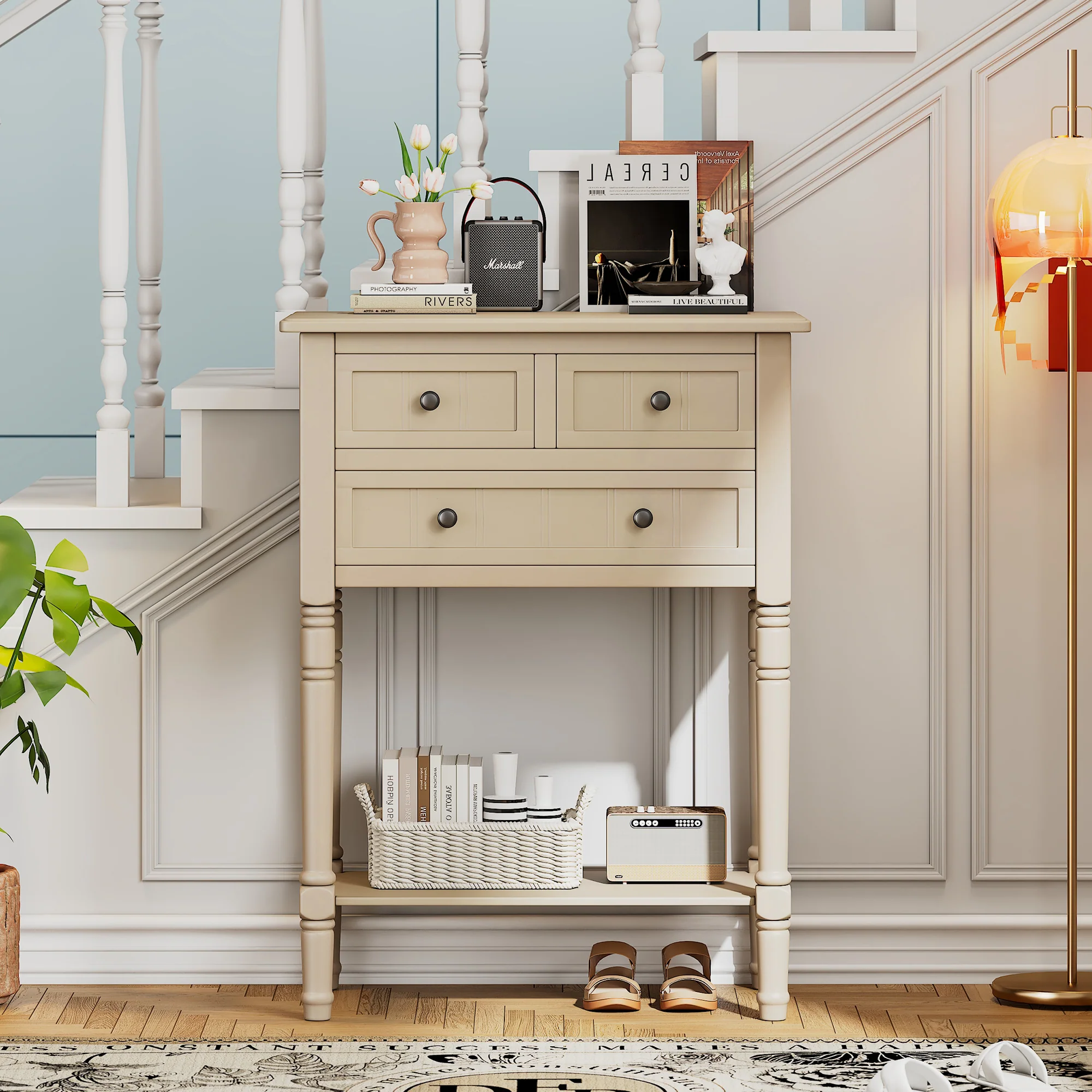 Conquest Narrow Console Table with 3 Drawers and Bottom Shelf