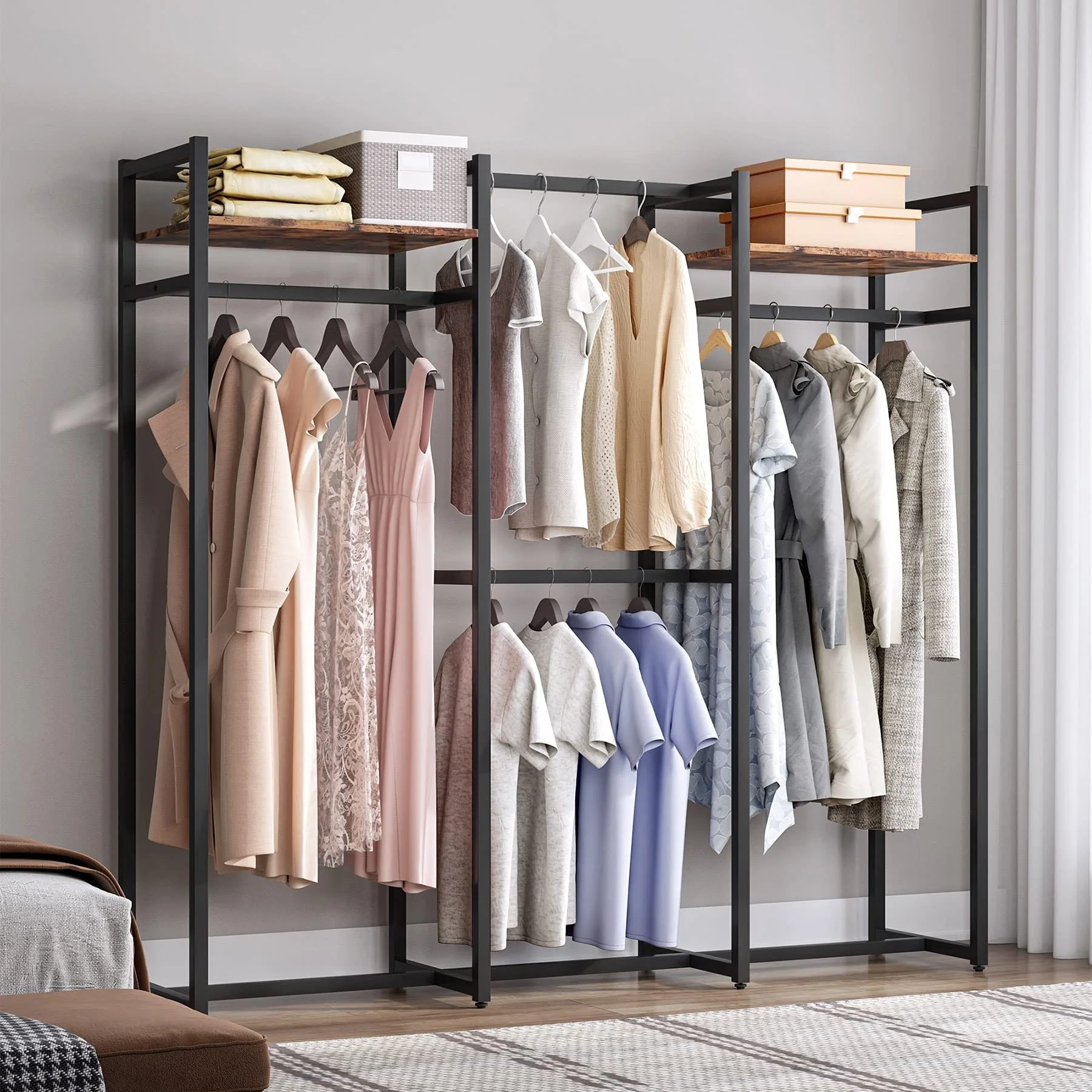 Free Standing Closet Organizer with Hanging Rods, Garment Rack Heavy Duty Clothes Rack with Storage Shelves, Max Load 500LBS