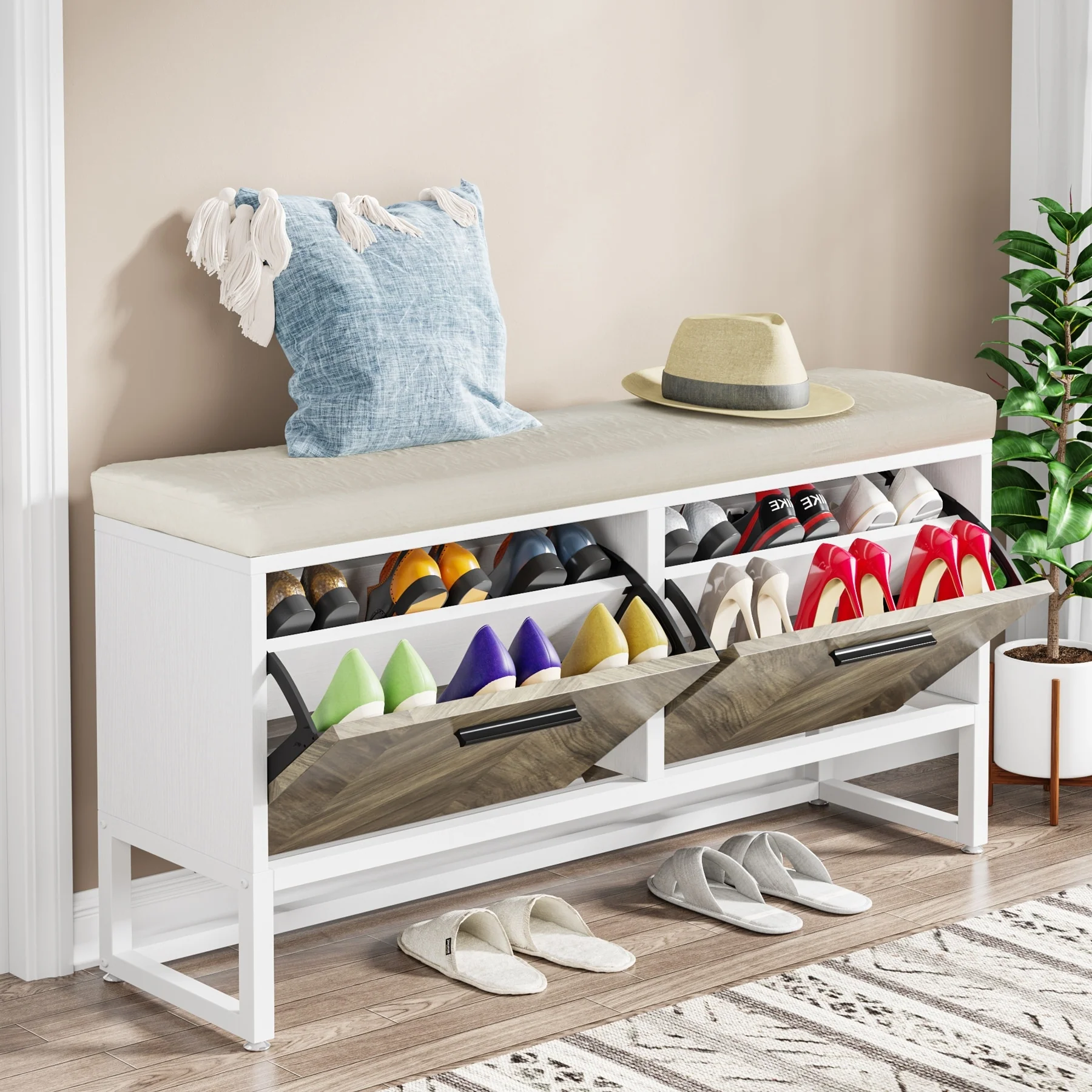 Shoe Storage Bench with Cushion, Entryway Shoe Bench with 2 Flip Drawers