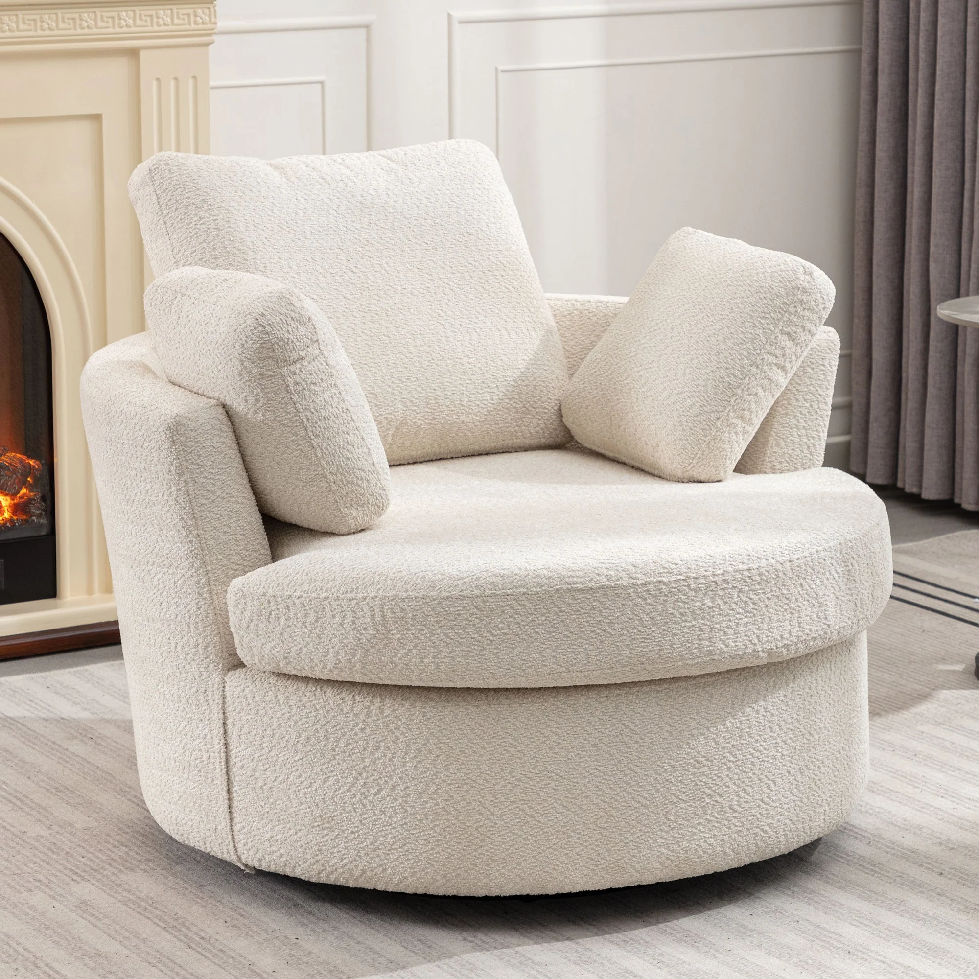 Upholstered Swivel Barrel Chair with 3 Pillows and Curved Backrest