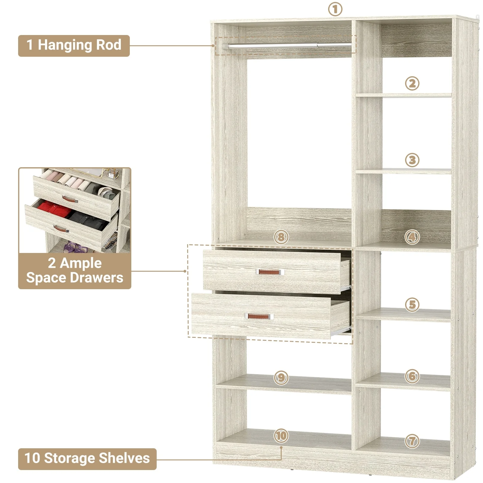 Vryon 40'' W Freestanding Closet System with 10 Storage Shelves and 2 Drawers and 1 Hanging Rods