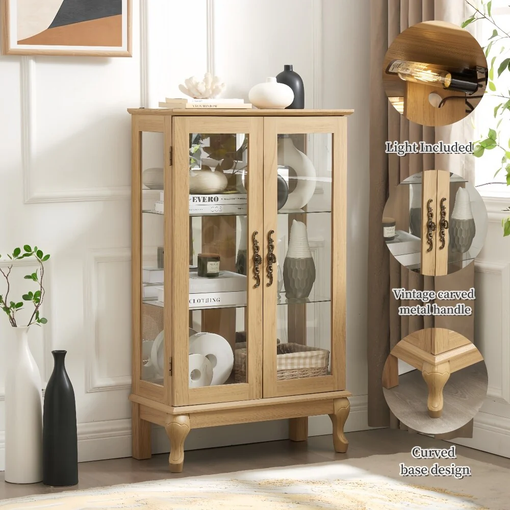 Curio Cabinet with Tempered Glass Doors and Adjustable Shelves Light Bulb Included