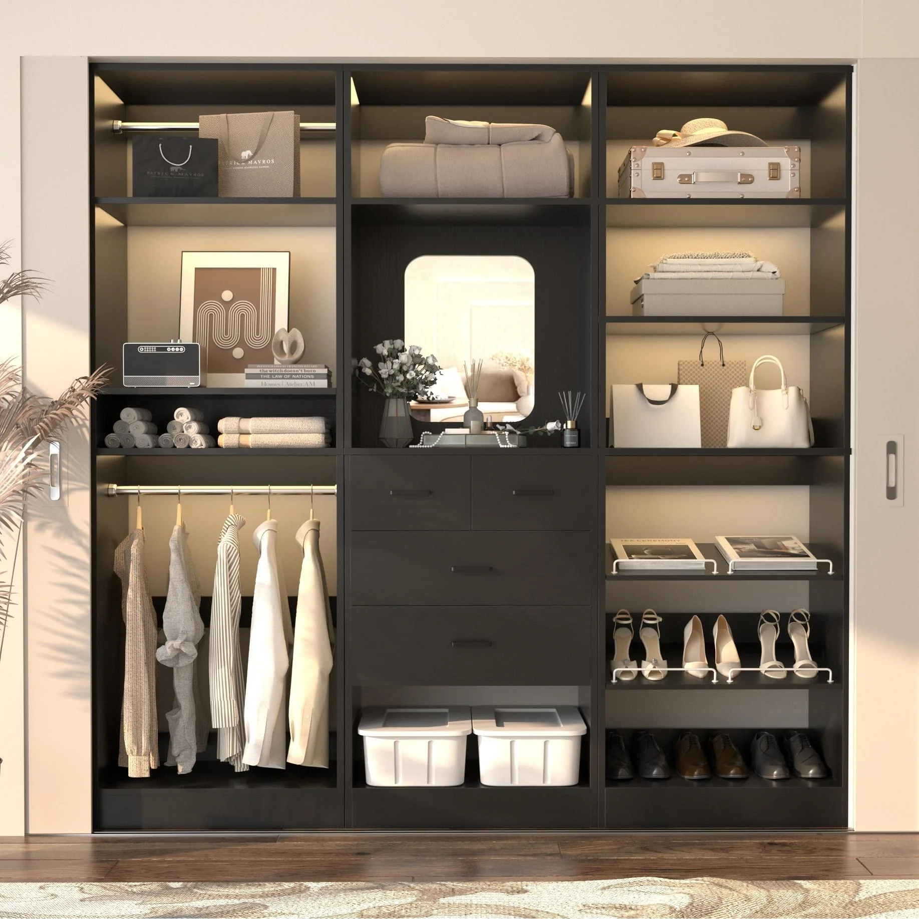 Cimly Set of 3 Freestanding Closet System with Drawers and Shoe Racks, 75'' Closet Organizer with Hanging Rods and Mirror