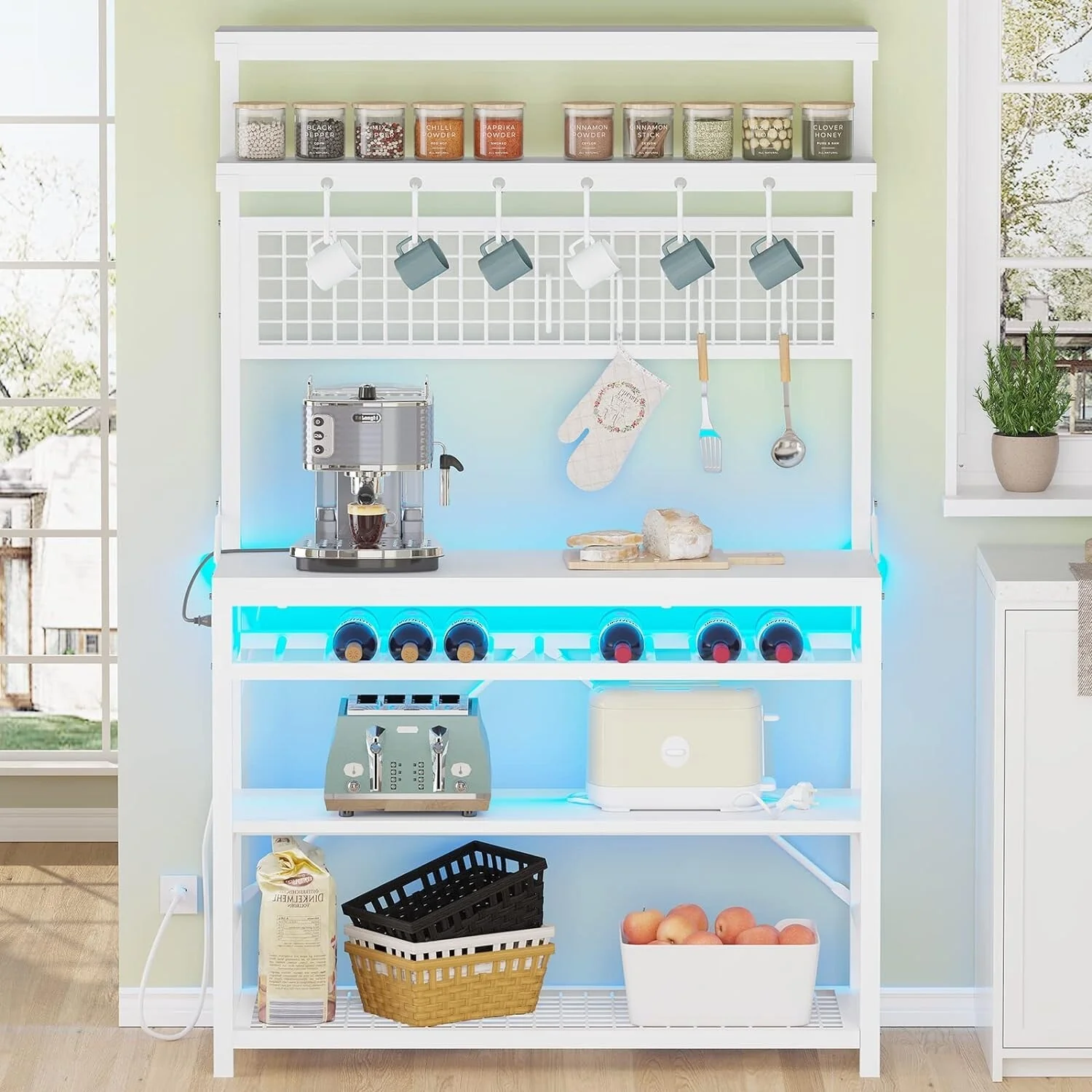 Bakers Rack with Power Outlet 6-Tier Coffee Bar Microwave Stand