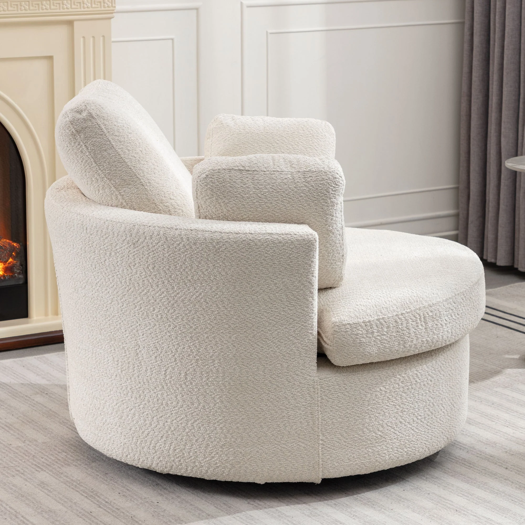 Upholstered Swivel Barrel Chair with 3 Pillows and Curved Backrest