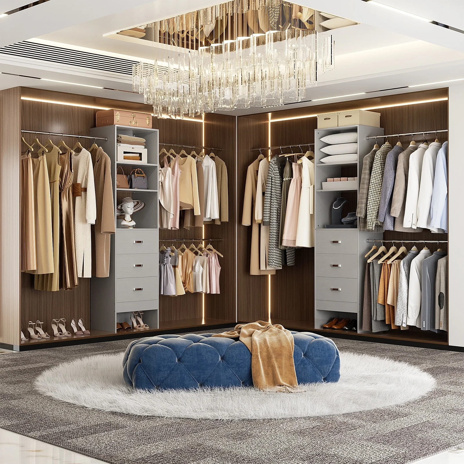 20.2'' - 96'' W Closet Organizer with Drawers, Closet System with Hanging Rods and Adjustable Shelves