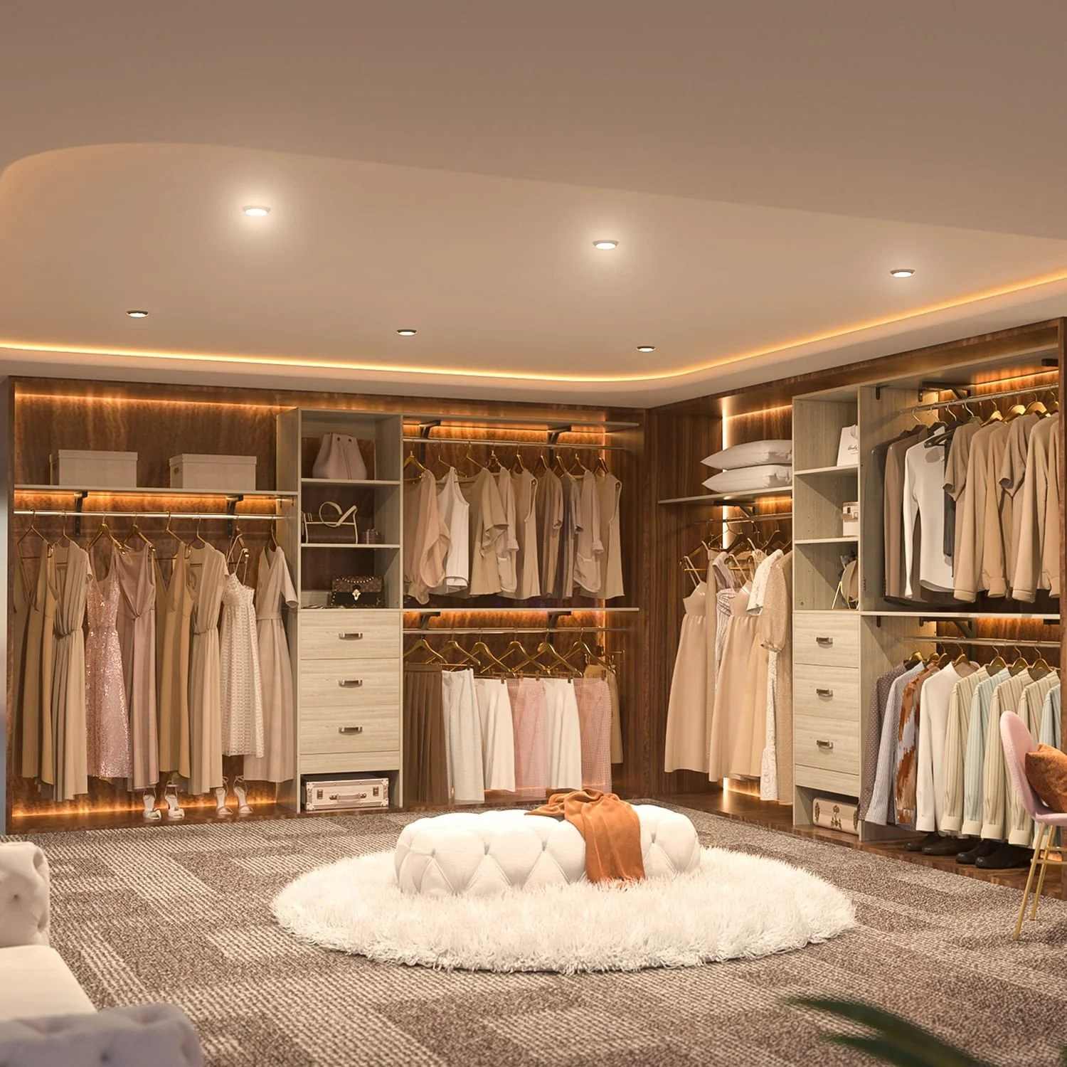 Rackcog 120'' Closet Organizer with Drawers, Closet System with DIY Shelves for Reach-in and Walk-in Closet