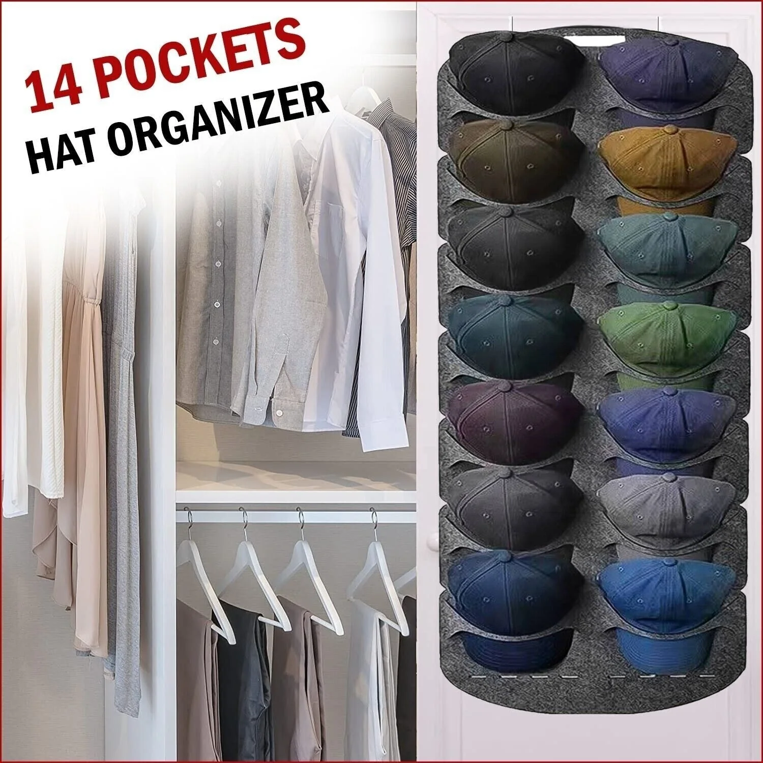 14 Pockets Baseball Cap Organizer Hat Storage Bag for Door