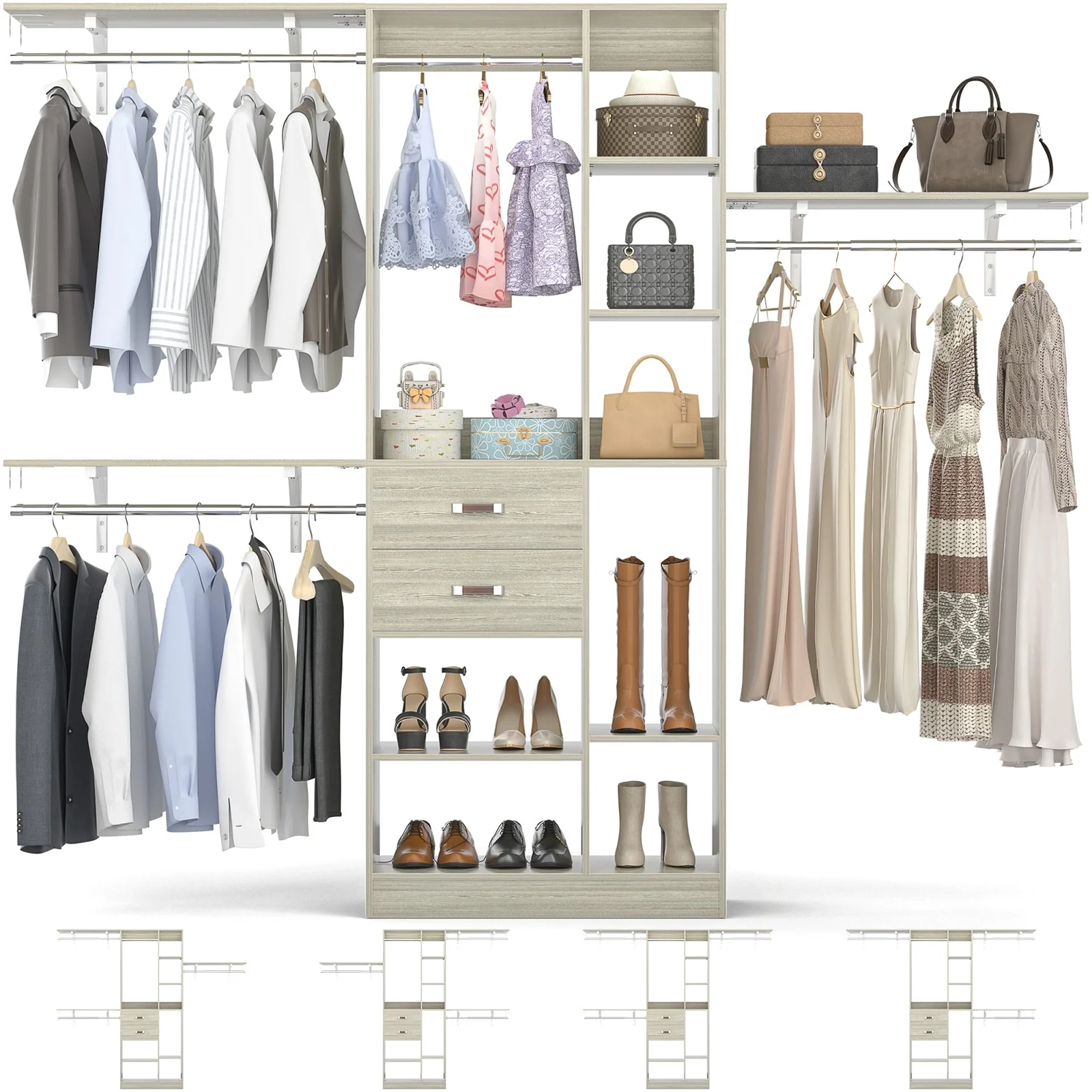31.5'' to 96'' W Closet Organizer System with Drawers and Tower Shelves for Reach-in and Walk-in Closet