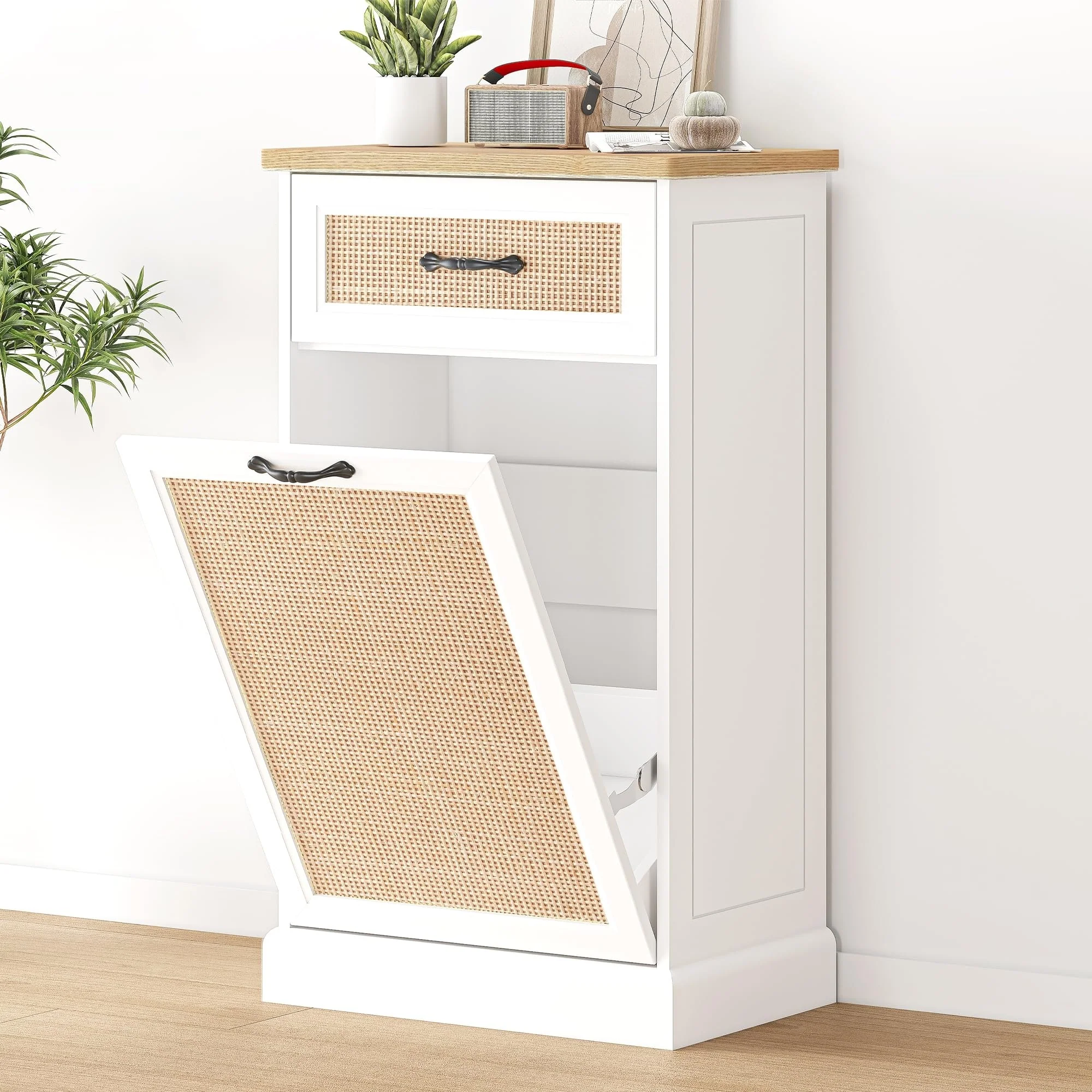 Rattarn Kitchen Tilt Out Trash Can Cabinet with Drawer