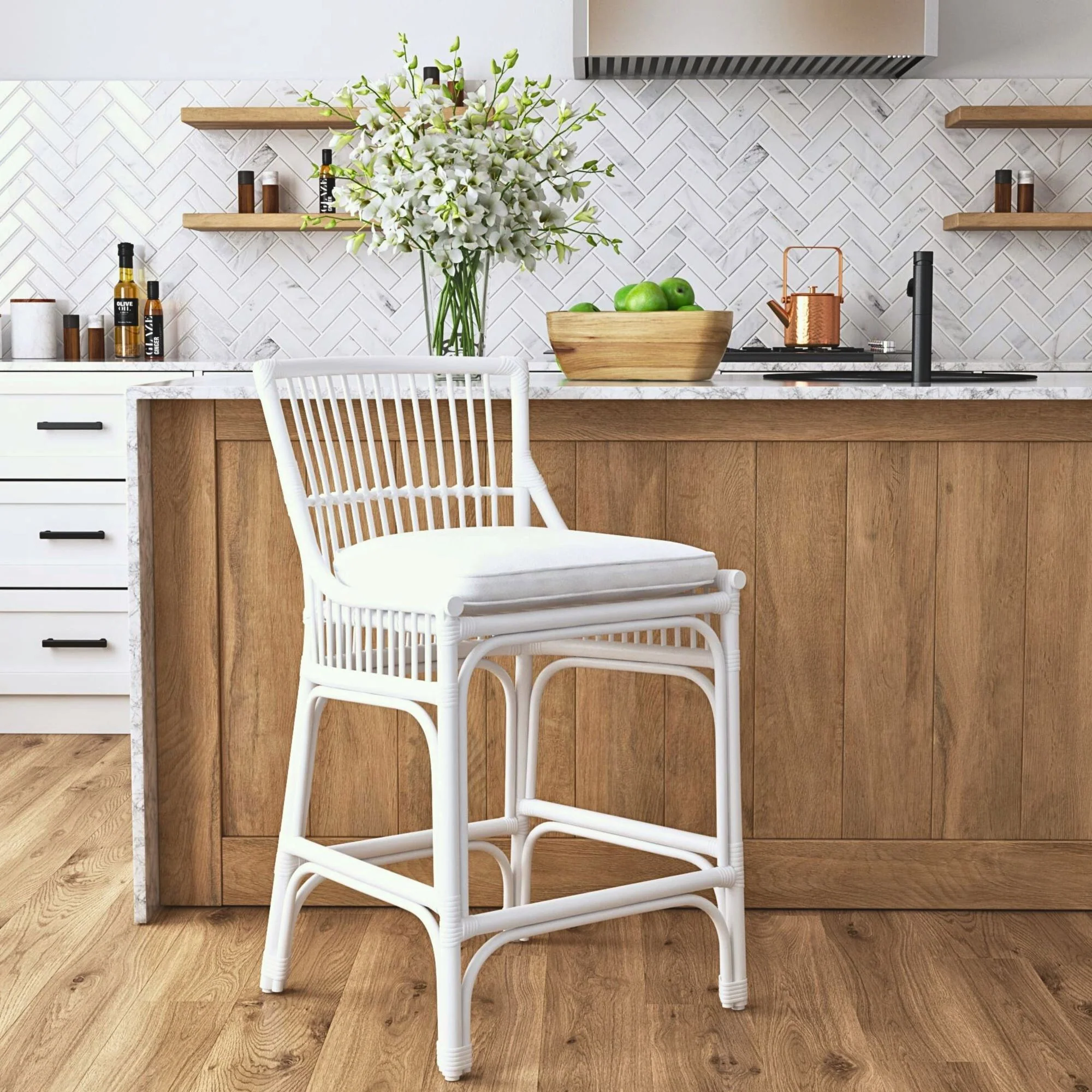 Rattan Slat Back Counter Stool White