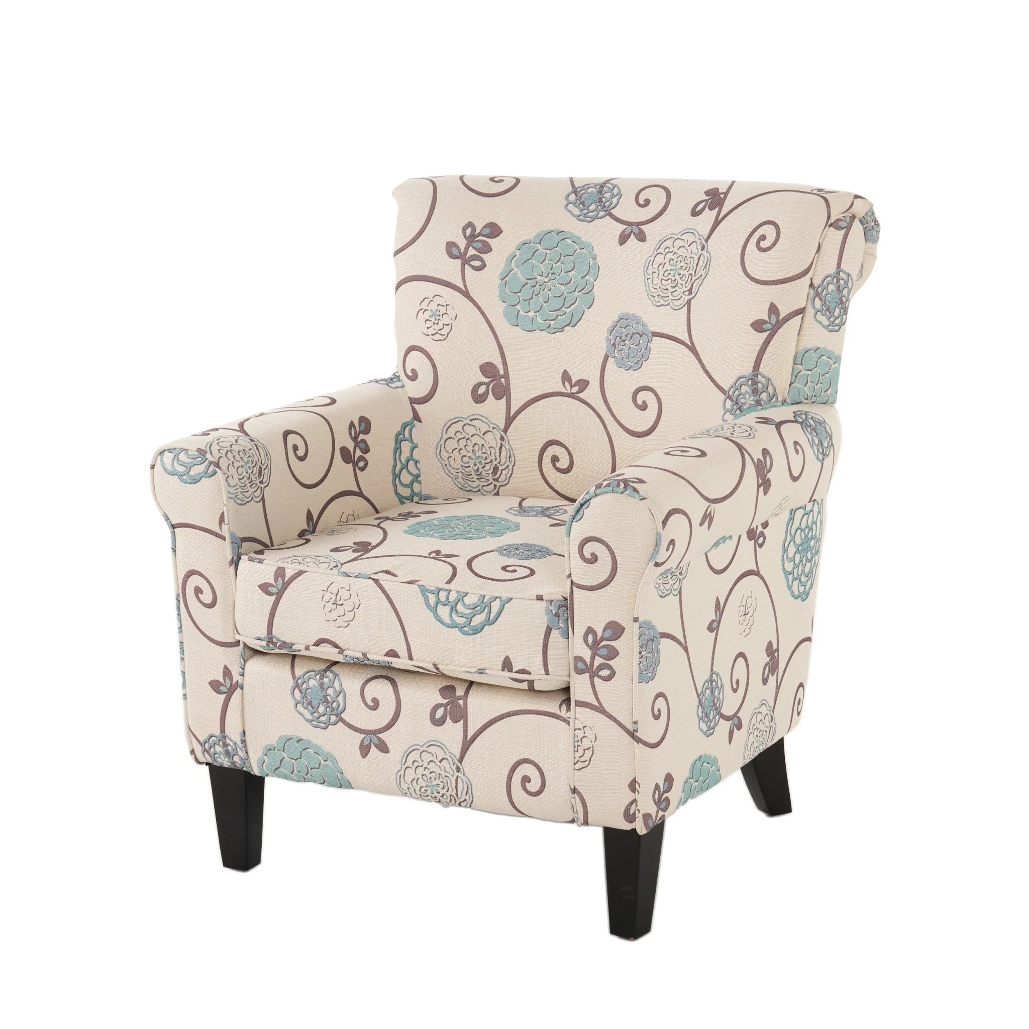 Upholstered Chair with Floral Pattern Design and Solid Wood Legs