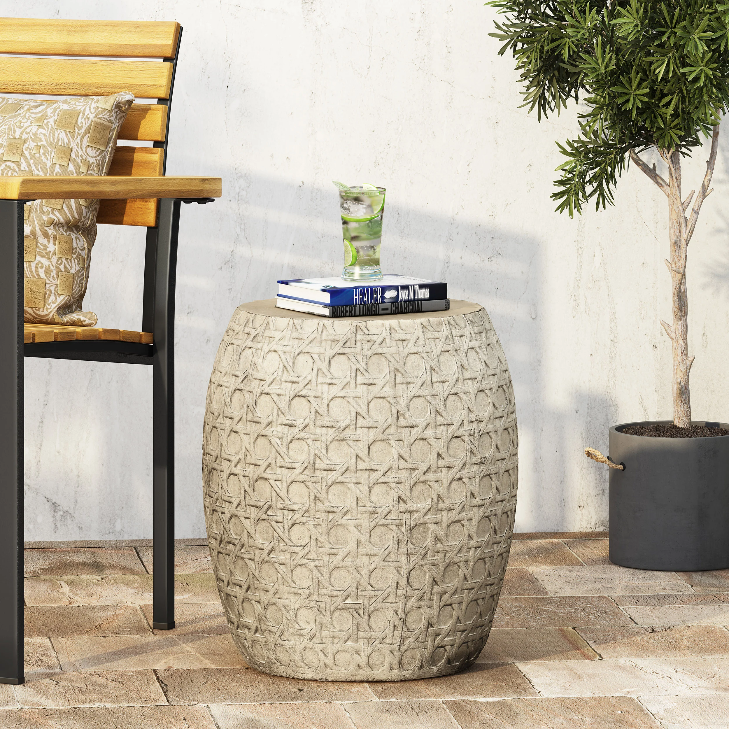 Outdoor Side Table with Barrel Structure and Intricate Cane Wicker Pattern
