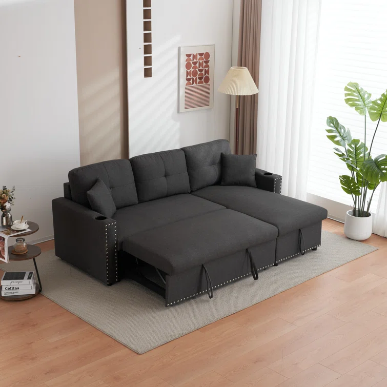 Cidalino 83'' Upholstered Sleeper Sofa Chaise with Storage& 2 Cup Holders