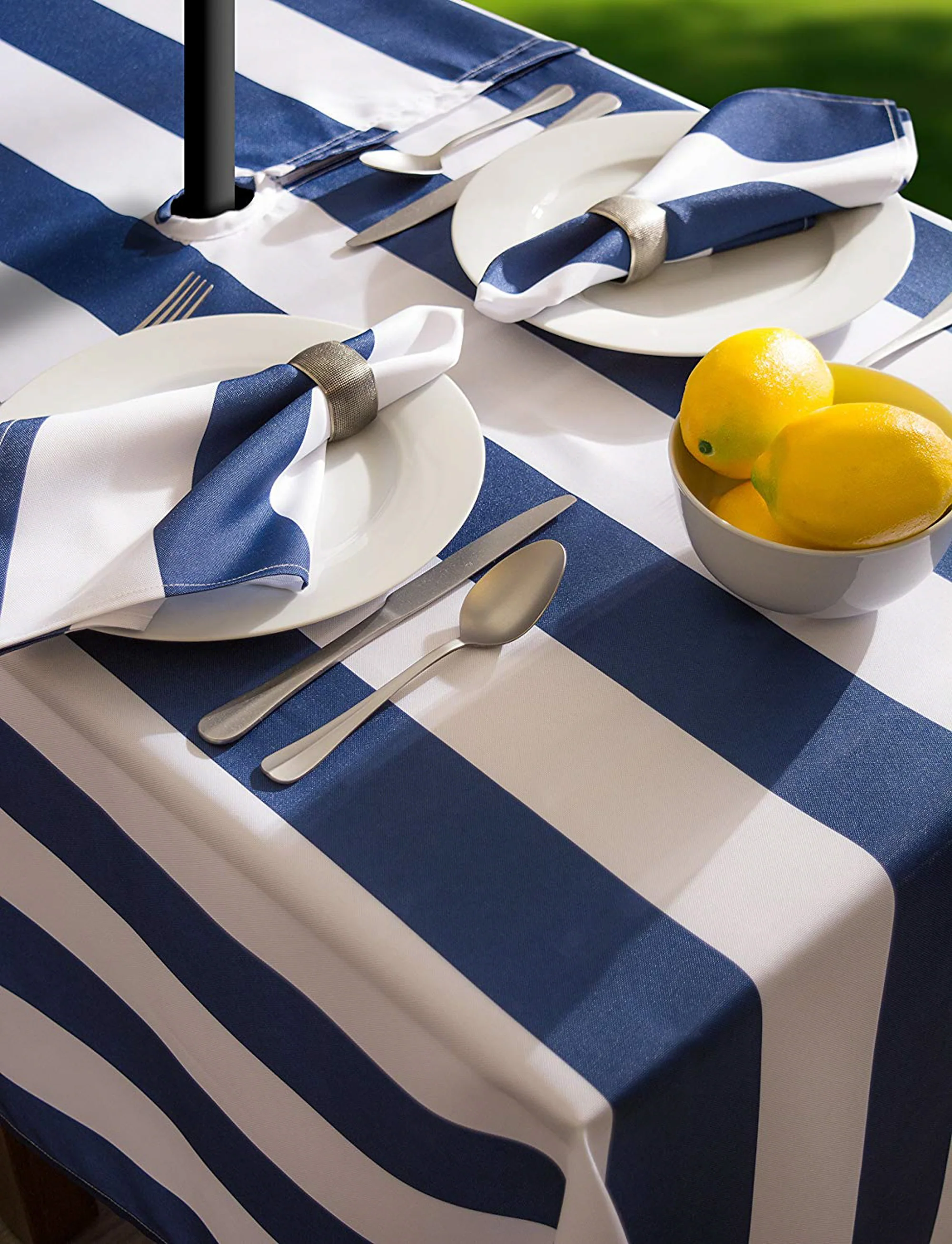 Nautical Blue Cabana Stripe Outdoor Tablecloth With Zipper