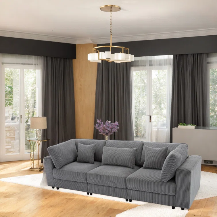 Pasol 3-Seater Sofa with Removable Back Cushions and 5 Pillows Soft Corduroy Cushions