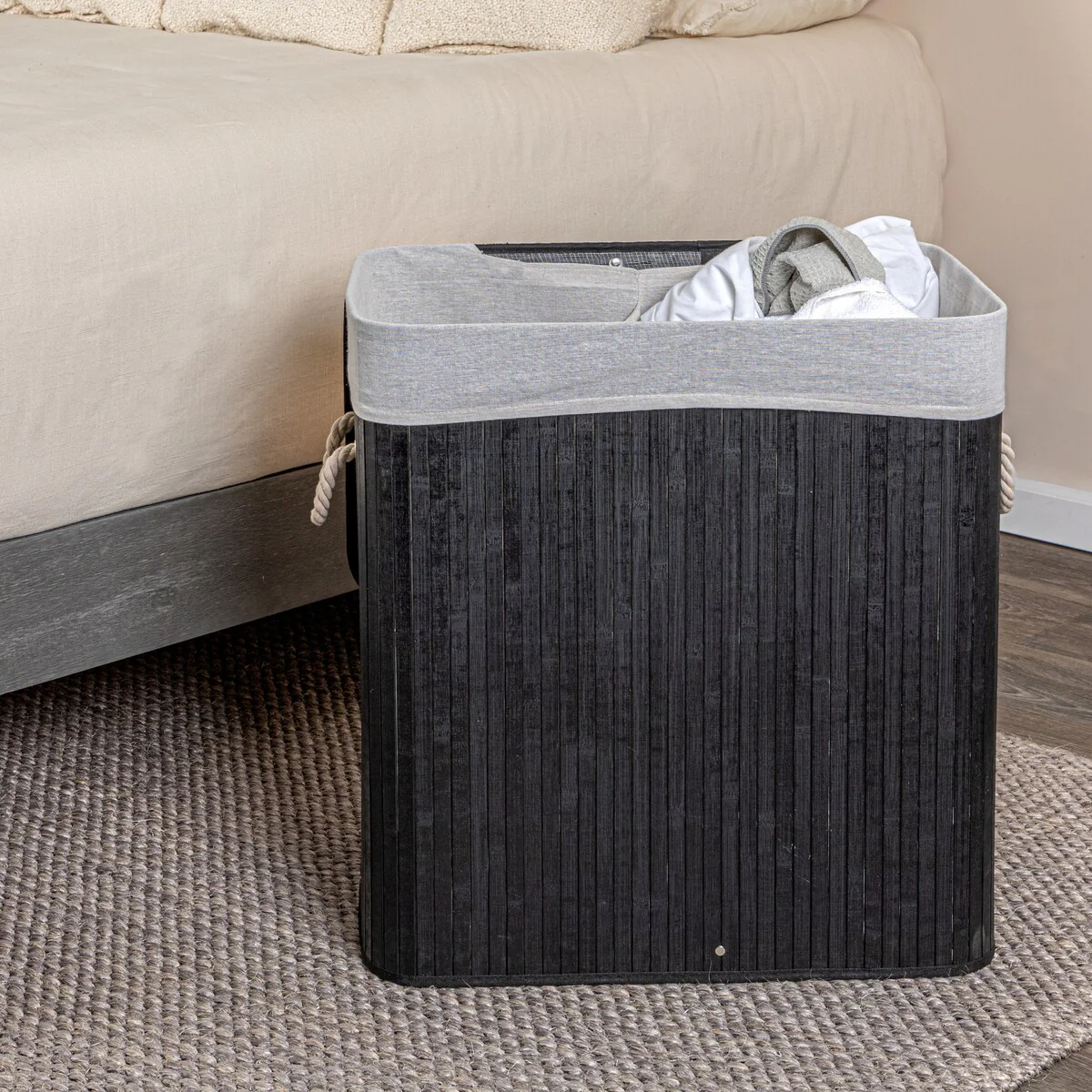 Household Essentials Bamboo Double Laundry Hamper with Rope Handles and Removable Laundry Bag