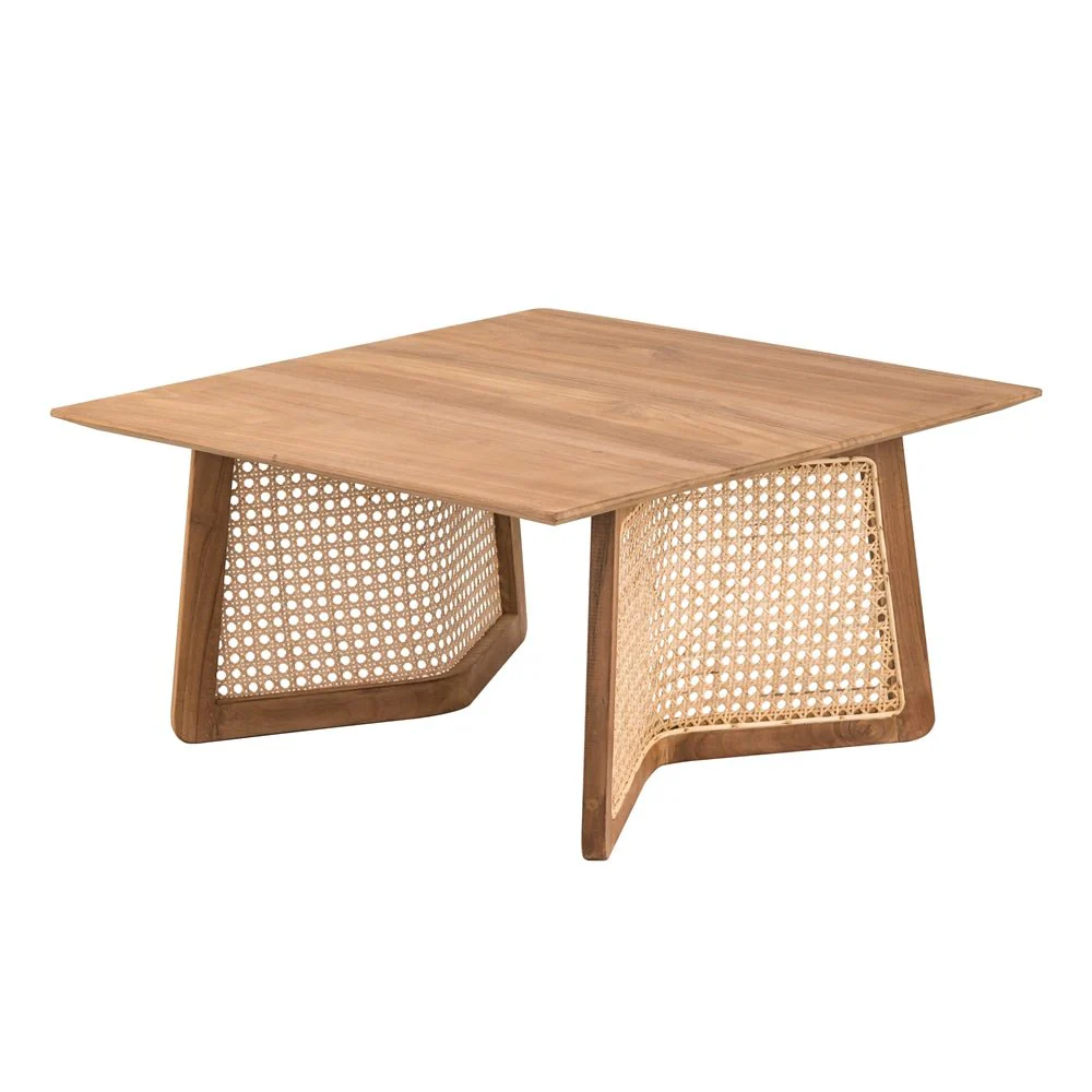 Square Coffee Table with Wooden Top and Rattan Base