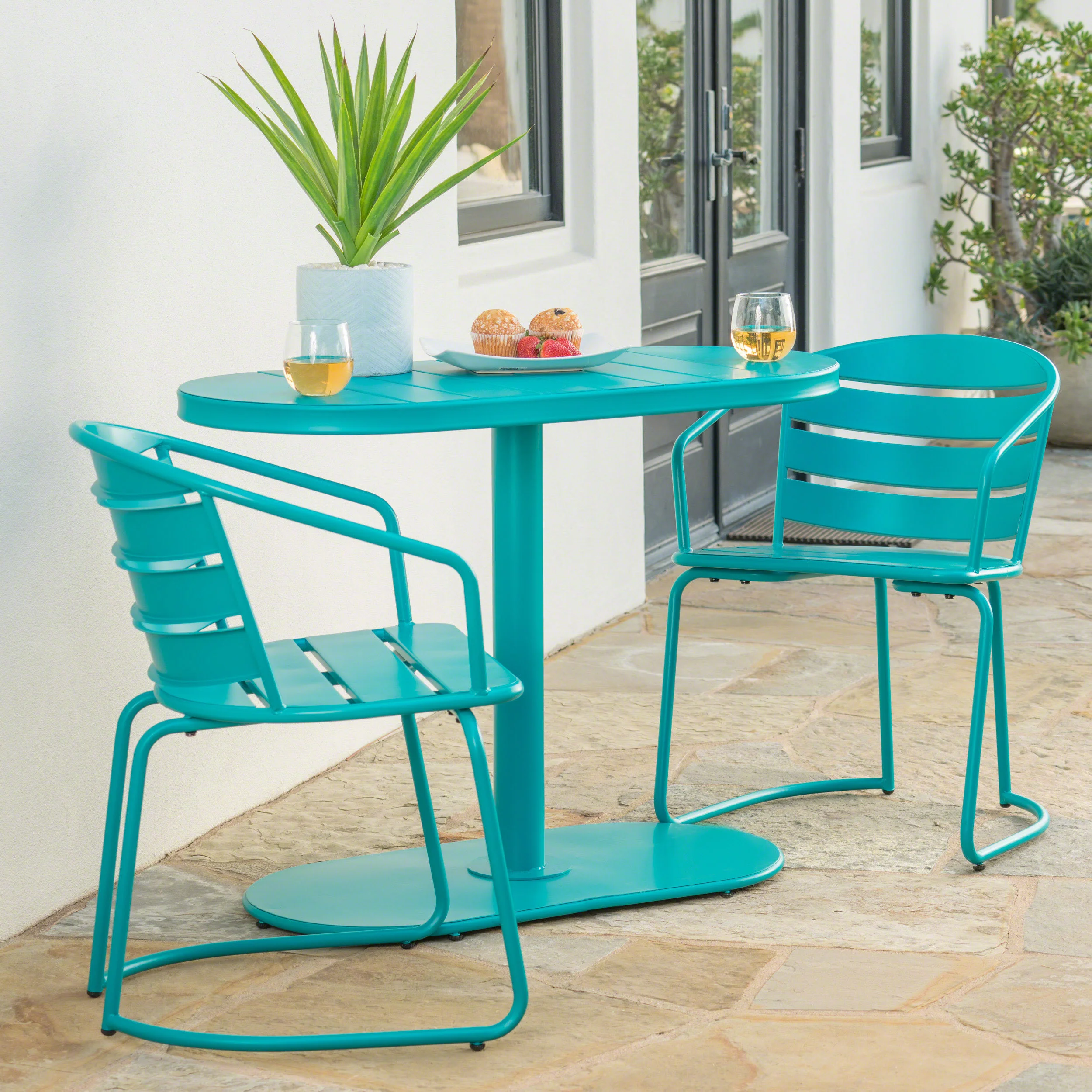3-Piece Bistro Set with 2 Slatted Chairs and Oval Table
