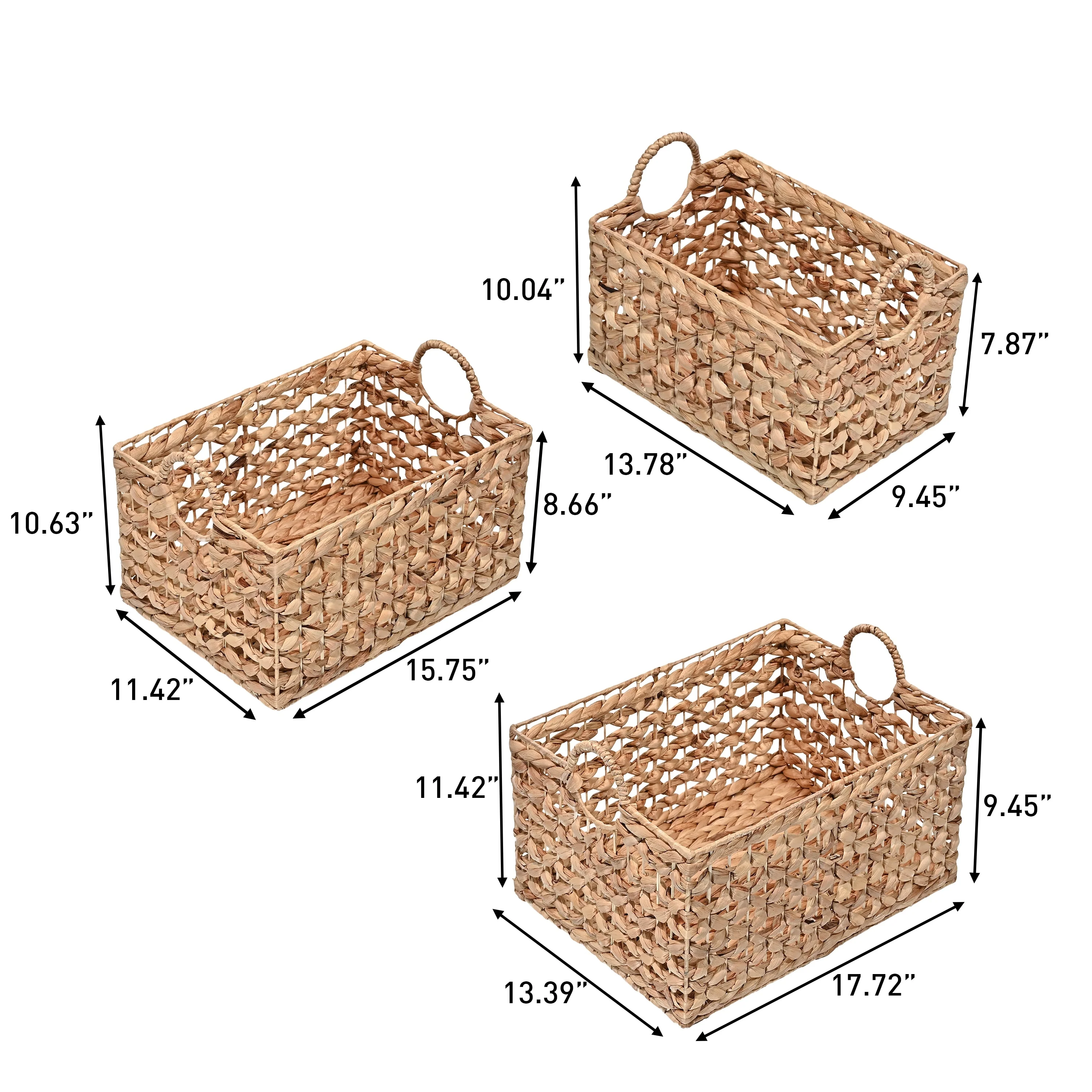 Woven Hyacinth Rectangular Storage Baskets with Handles (Set of 3)