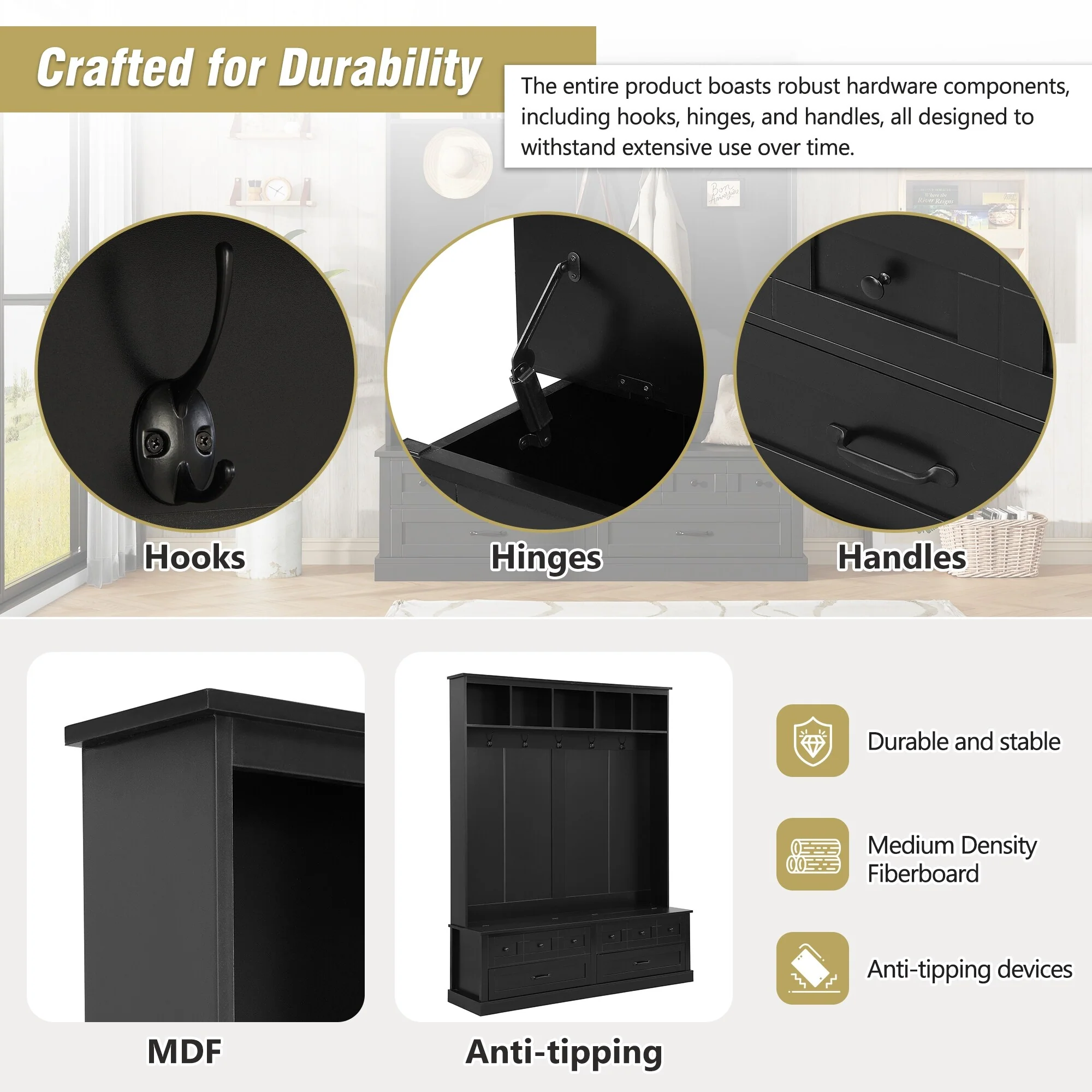 Elegant Wide Hall Tree with 5 Hooks, Versatile Entryway Lift Top Storage Bench with 2 Drawers