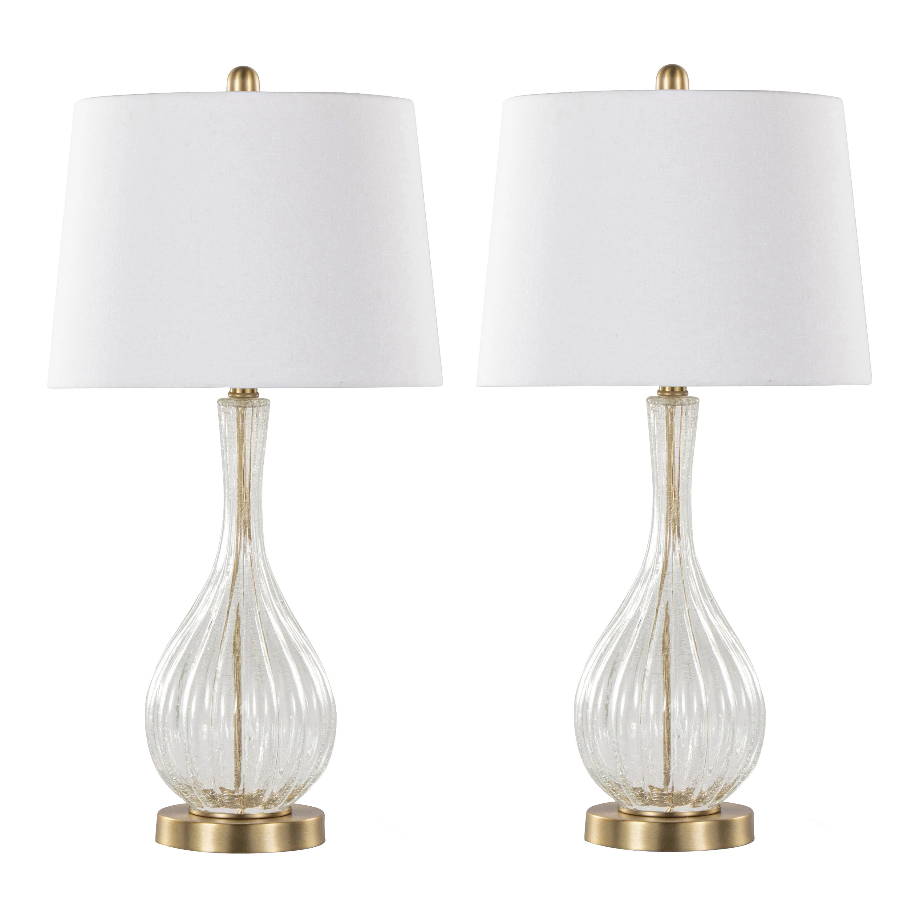 27 Table Lamp with Clear Crackle Glass and Linen Drum Shade, Set of 2