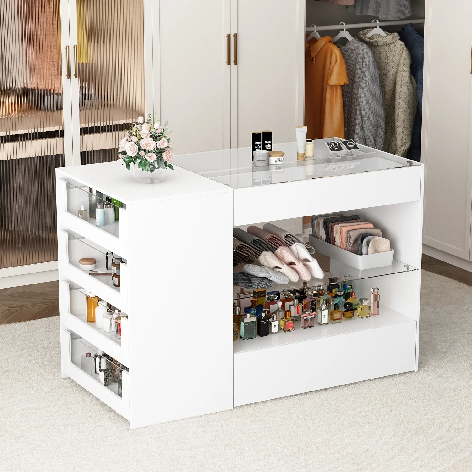 Dressing Island with Glass Shelves Spacious White Organizer Closet - 47.2