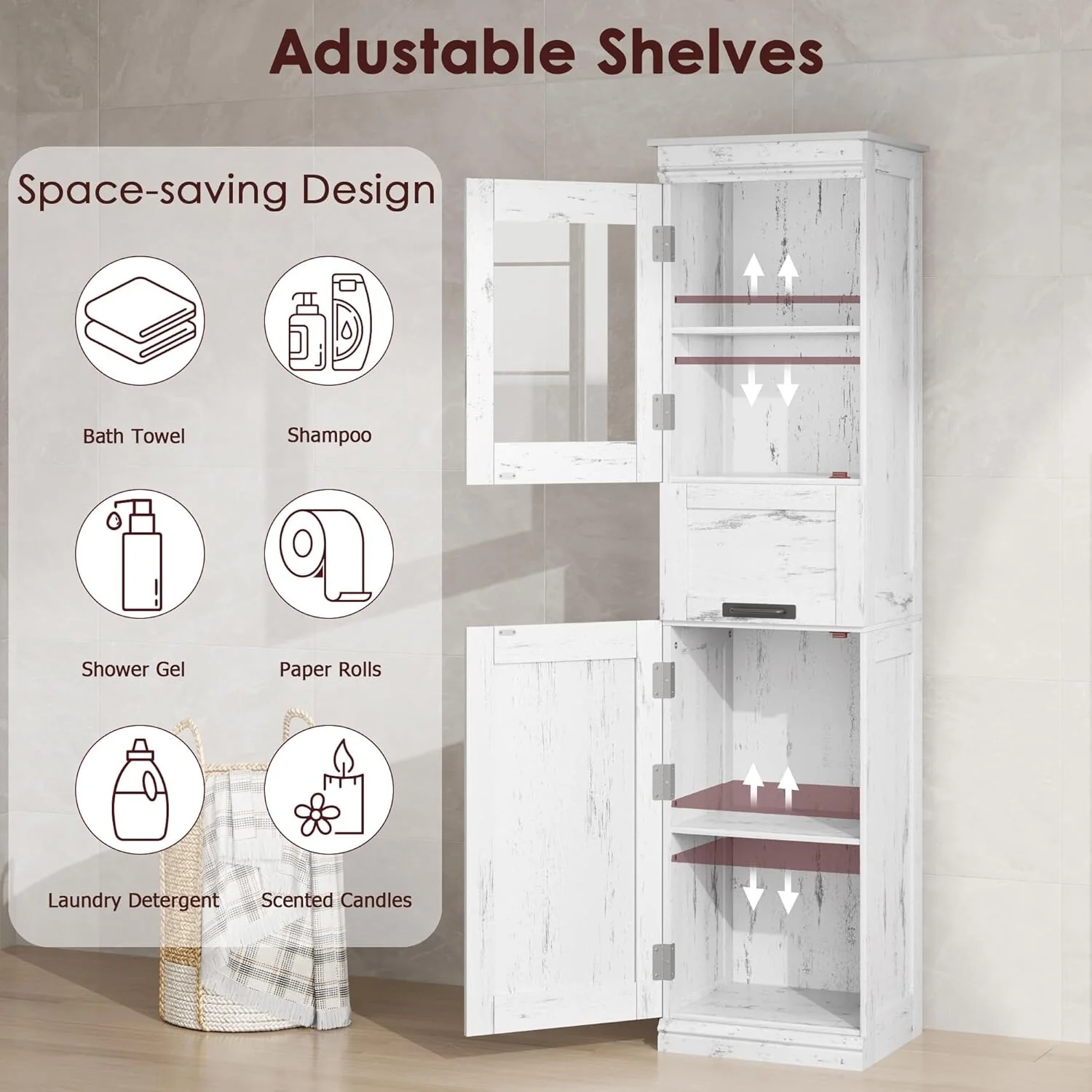 Tall Bathroom Cabinet, Freestanding Storage Cabinet with Glass Doors