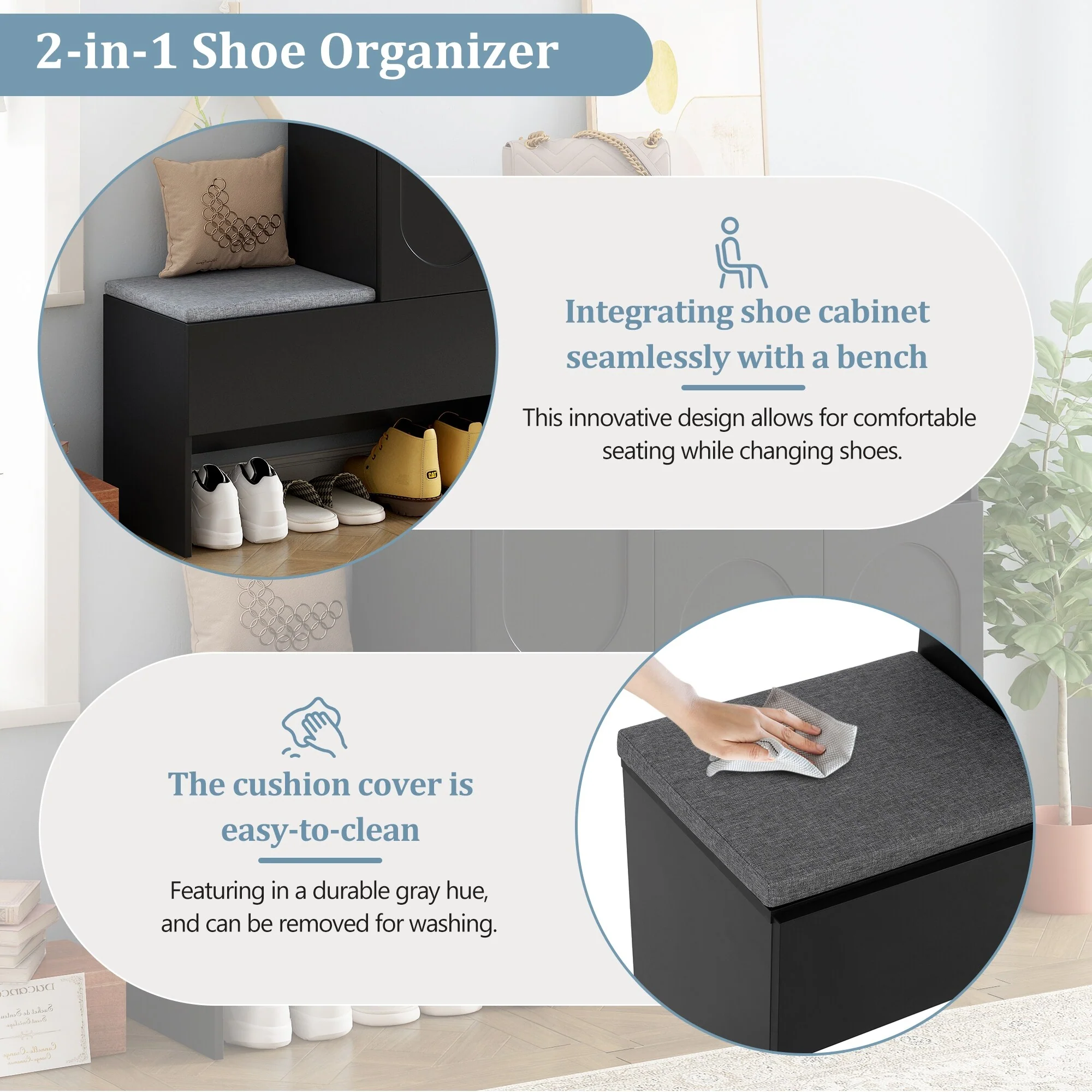 2-in-1 Shoe Cabinet with Bench, Entryway Storage Cabinet, Space-Saving Shoe Rack Organizer with Adjustable Shelves