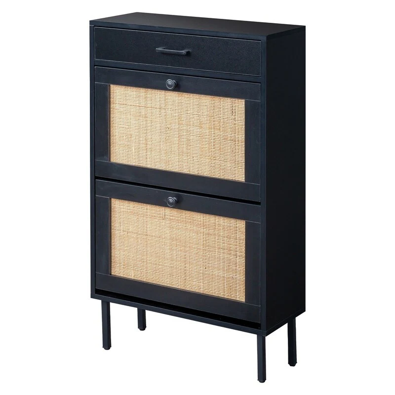 Real Rattan Shoe Cabinet with 2 Flip Drawers & 1 Small Drawer