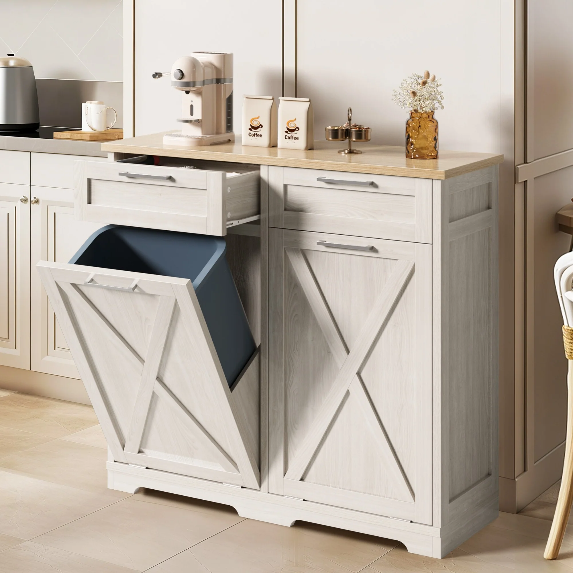 Moasis Kitchen Wooden Double Tilt Out Trash Can Cabinet with 2-Drawer