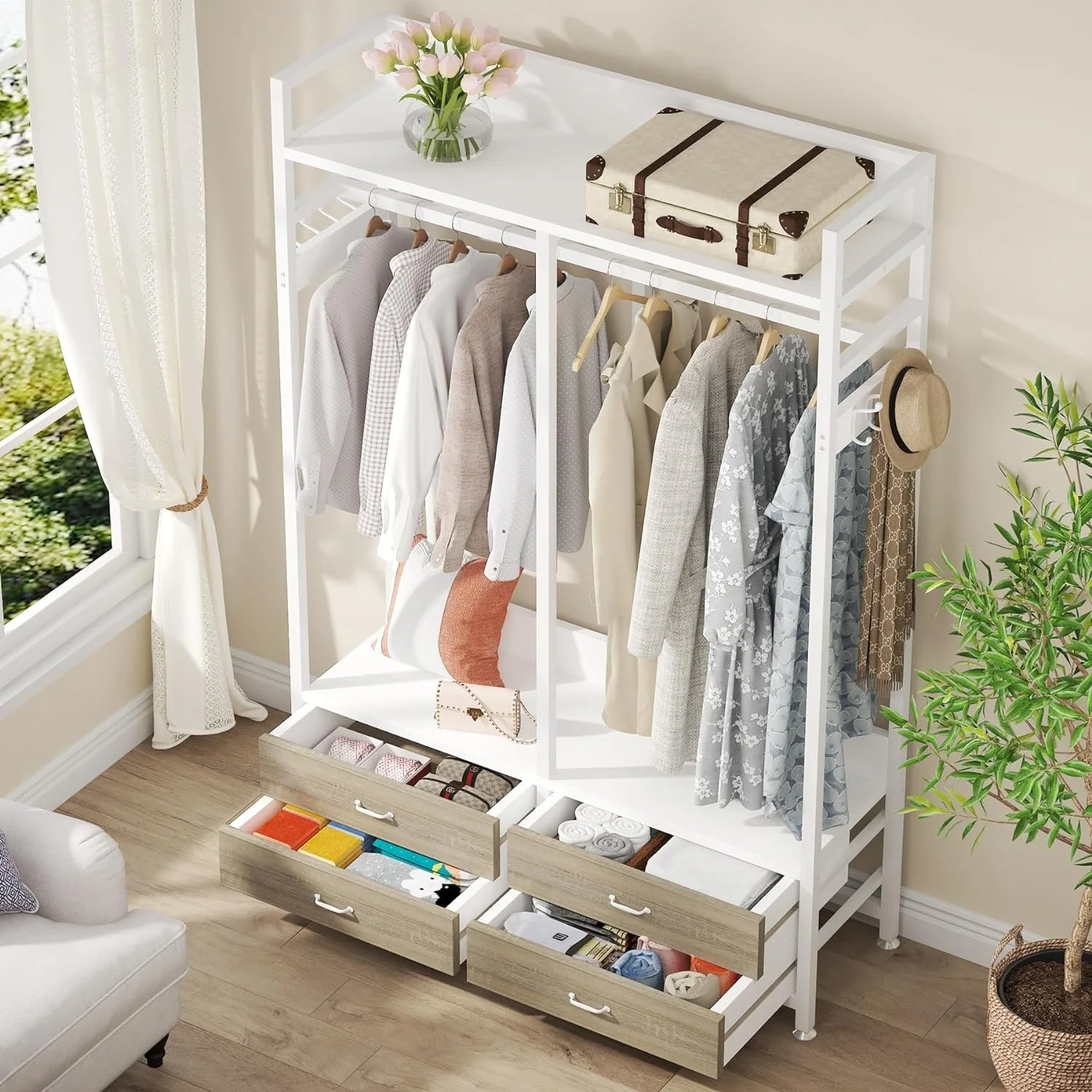 Freestanding Open Wardrobe Closet, Heavy Duty Garment Rack Closet Organizer, Rustic Brown