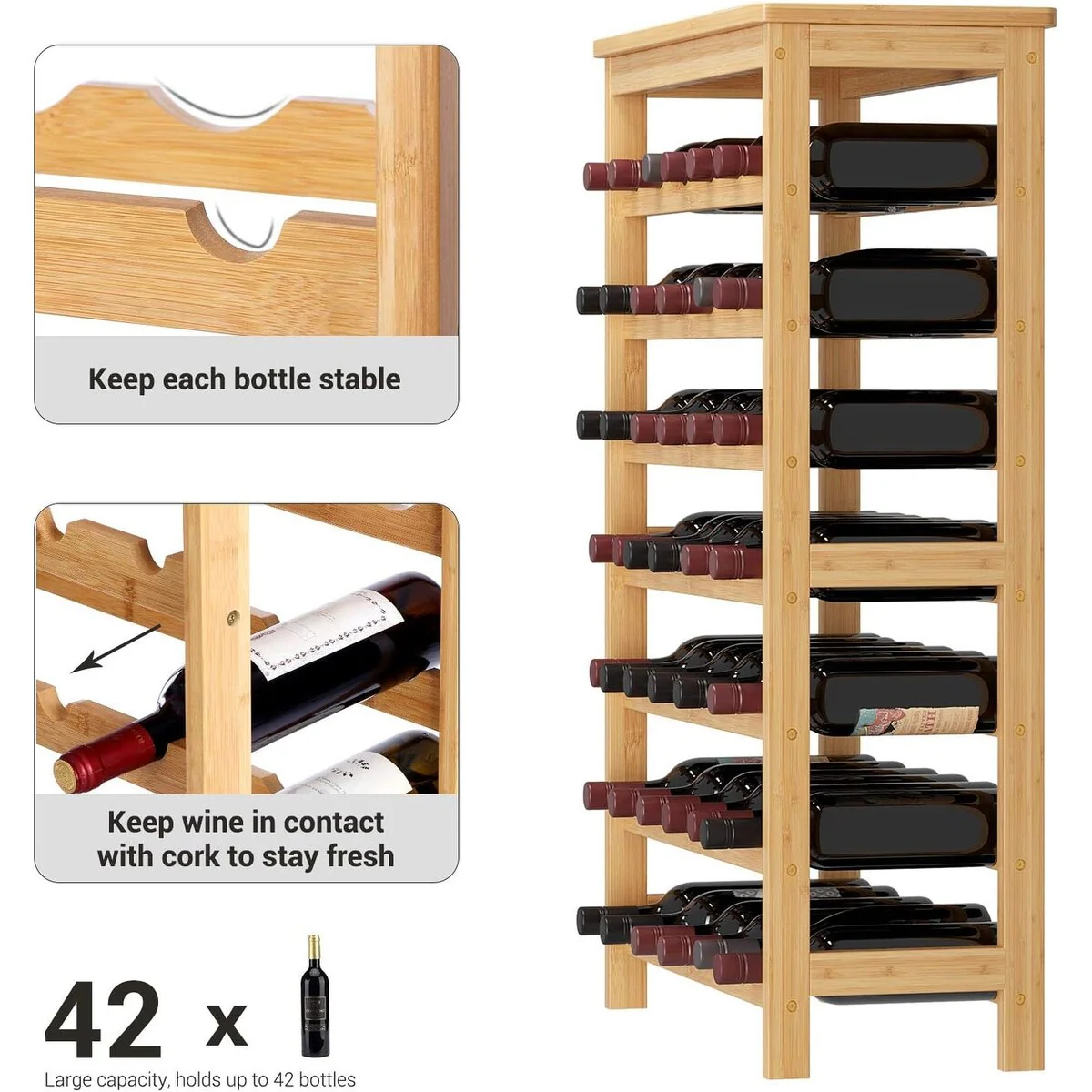 SONGMICS 42-Bottle Wine Rack, 7 Tier Wine Storage Shelf with Table Top