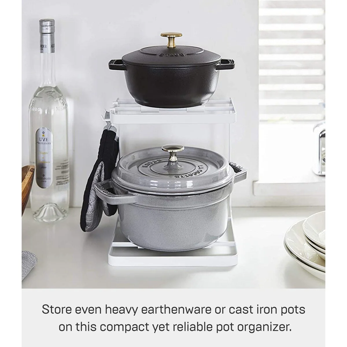 Yamazaki Home Two-Tier Pot Rack, Steel - L 8.27 x W 8.07 x H 8.86 inches