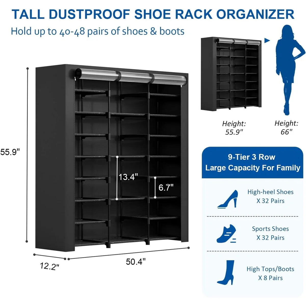 8-Tier Large Tall Shoe Rack with Covers 40-46 Pairs, Shoes Cabinet